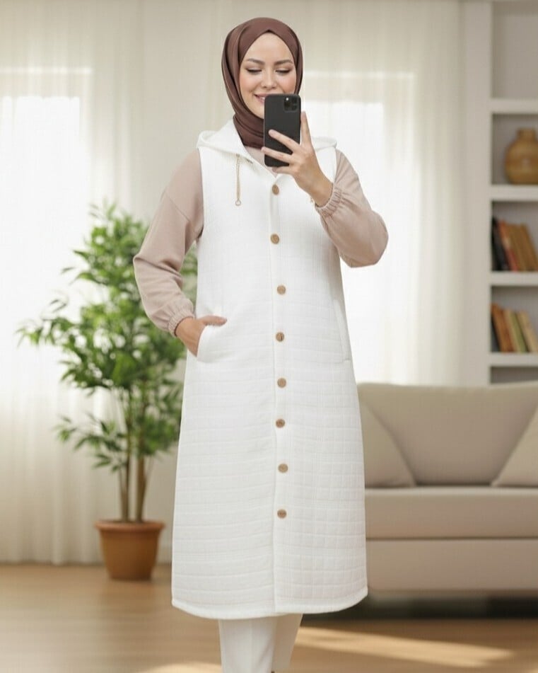 White Quilted Hooded Vest with Button Front and Chain Detail - Podyumplus - by Peralane - photo 3
