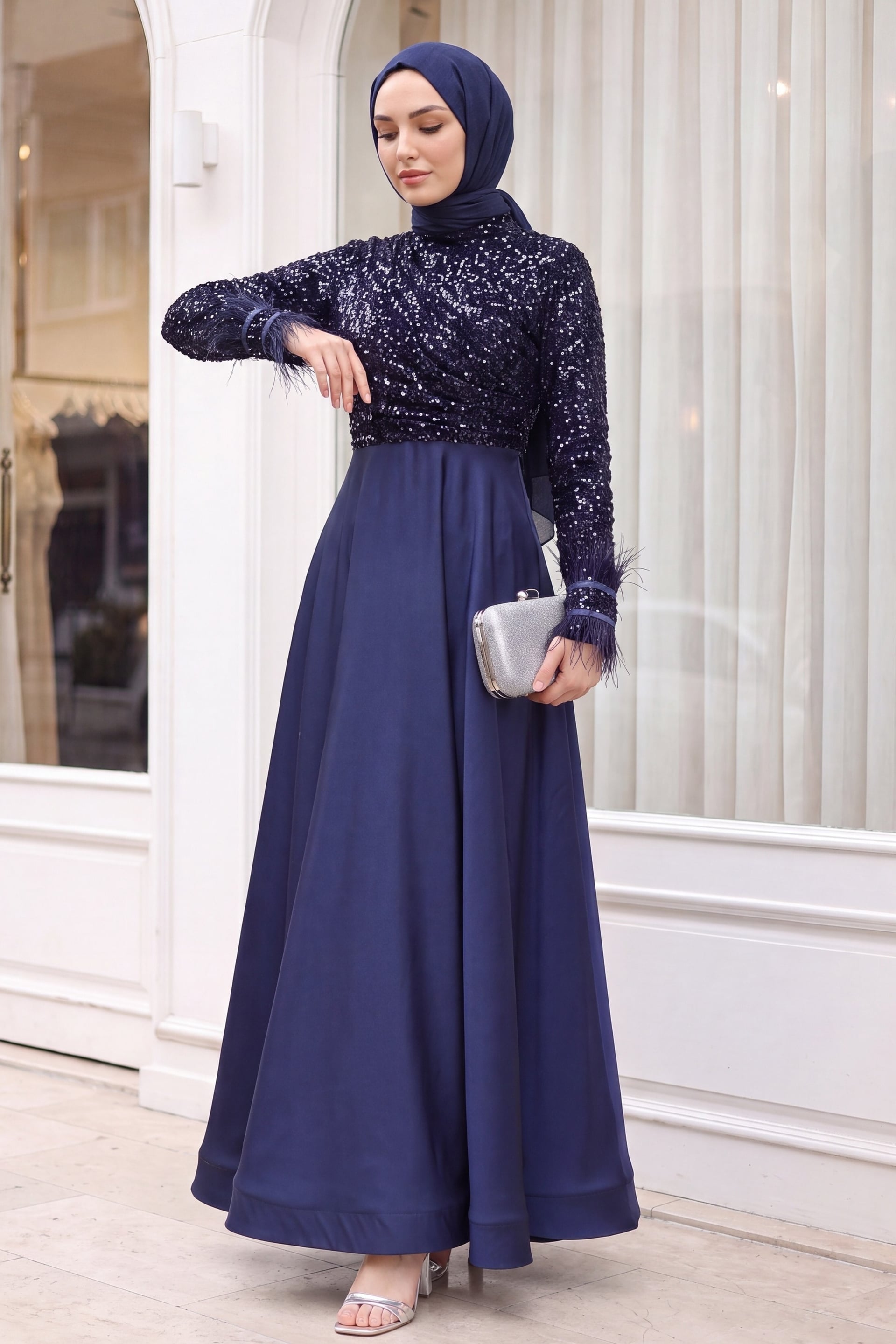 Sequin Bodice Feathered Sleeve Satin Evening Dress - Dark Navy - Podyumplus - by Peralane - photo 4