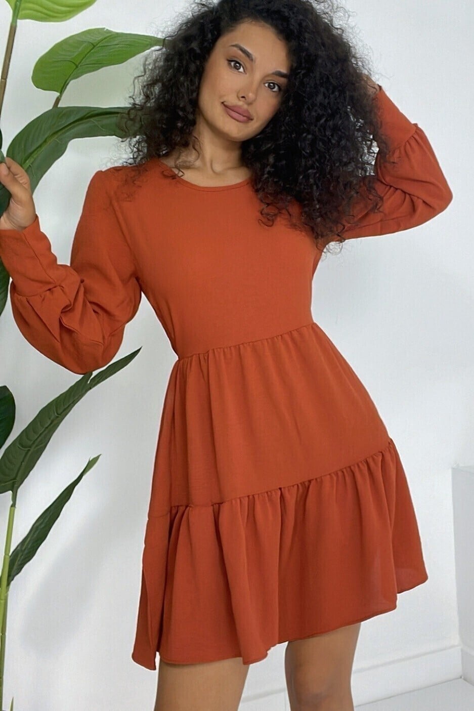 Round Neck Elastic Waist Tiered Ruffle Dress - Rust - Podyumplus - by Peralane