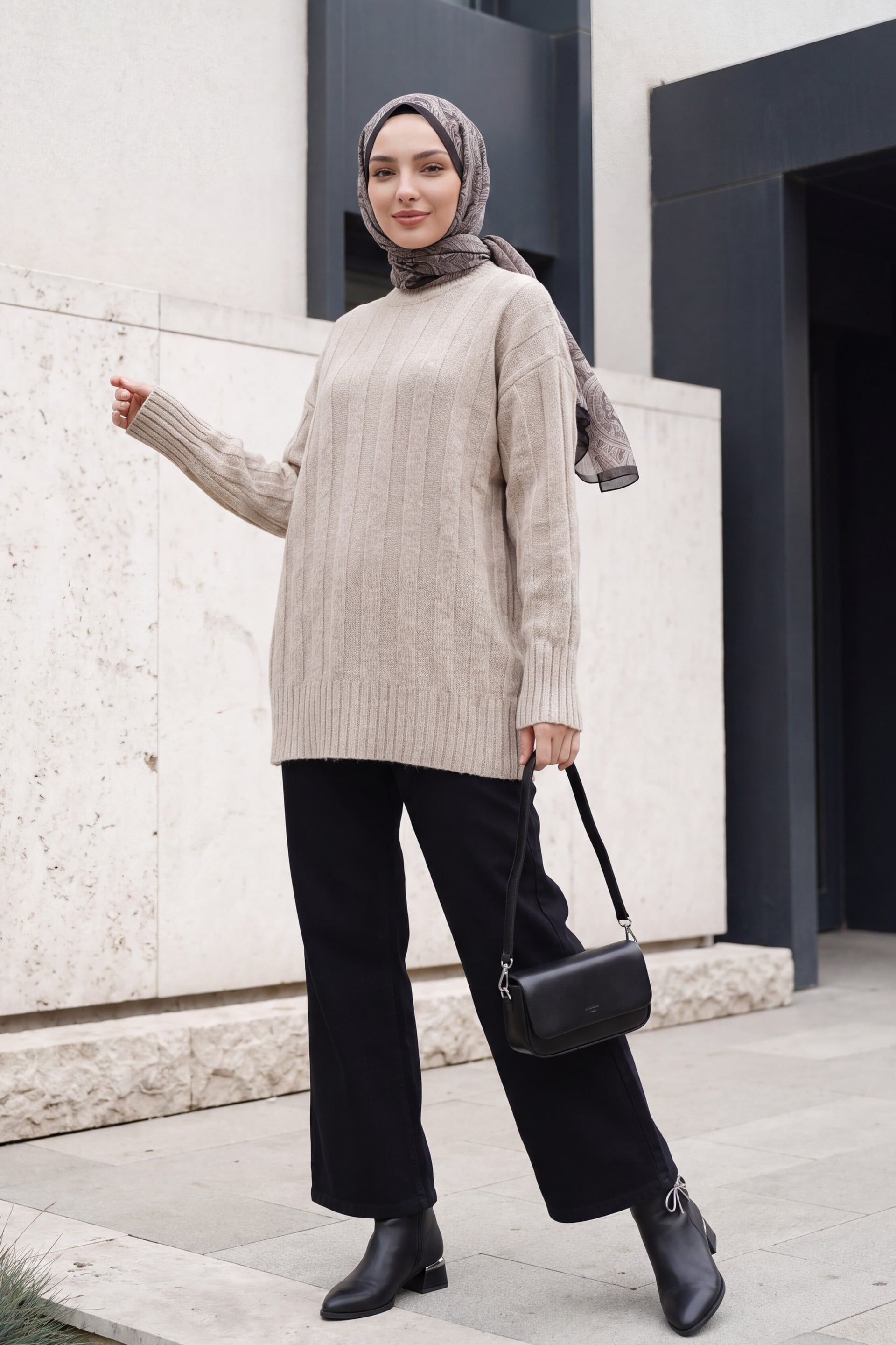 Half-Collar Striped Patterned Soft Knit Sweater - Light Beige - Podyumplus - by Peralane - photo 6