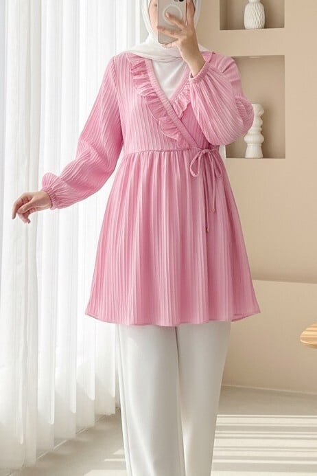 Ruffled Tie-Front Long-Sleeve Kimono - Powder Pink - Podyumplus - by Peralane - photo 2