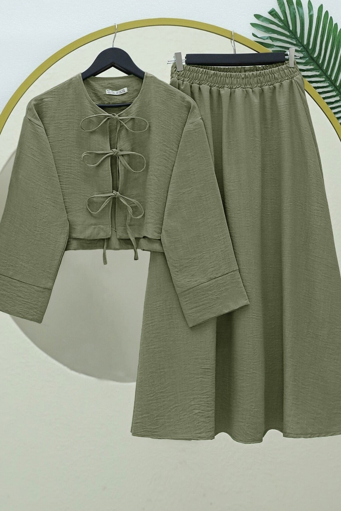 Front Lace-Up Elastic Waist Skirt Set in Olive Green - Podyumplus - by Peralane - photo 4