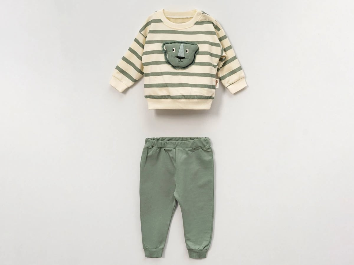 Lion Appliqué Long-Sleeve Sweatshirt and Trousers Baby Set - Sage Green - Vovido - by Peralane