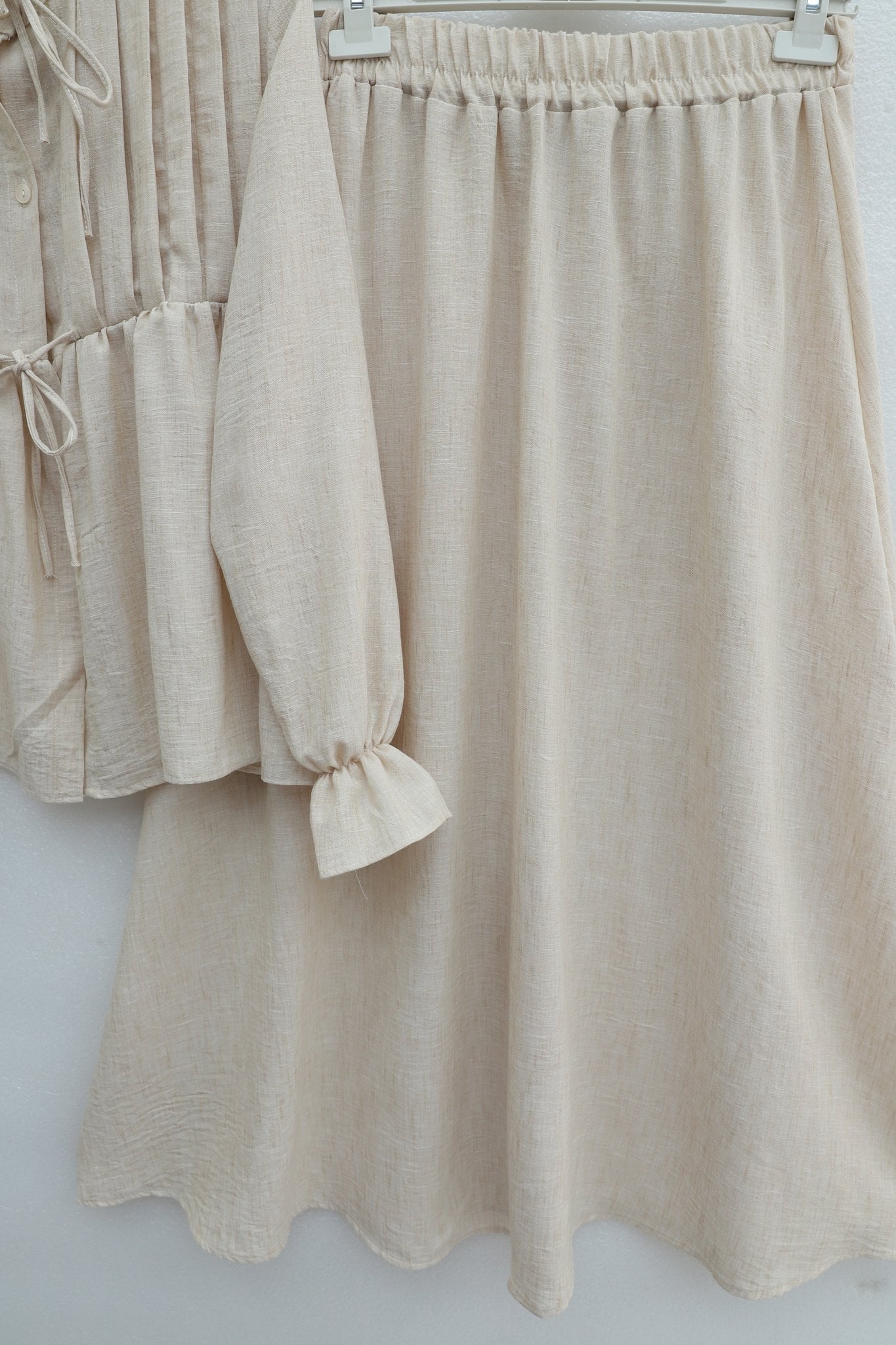 Half Button Long Sleeve Tie Front Linen Look Skirt Set - Beige - Podyumplus - by Peralane - photo 8