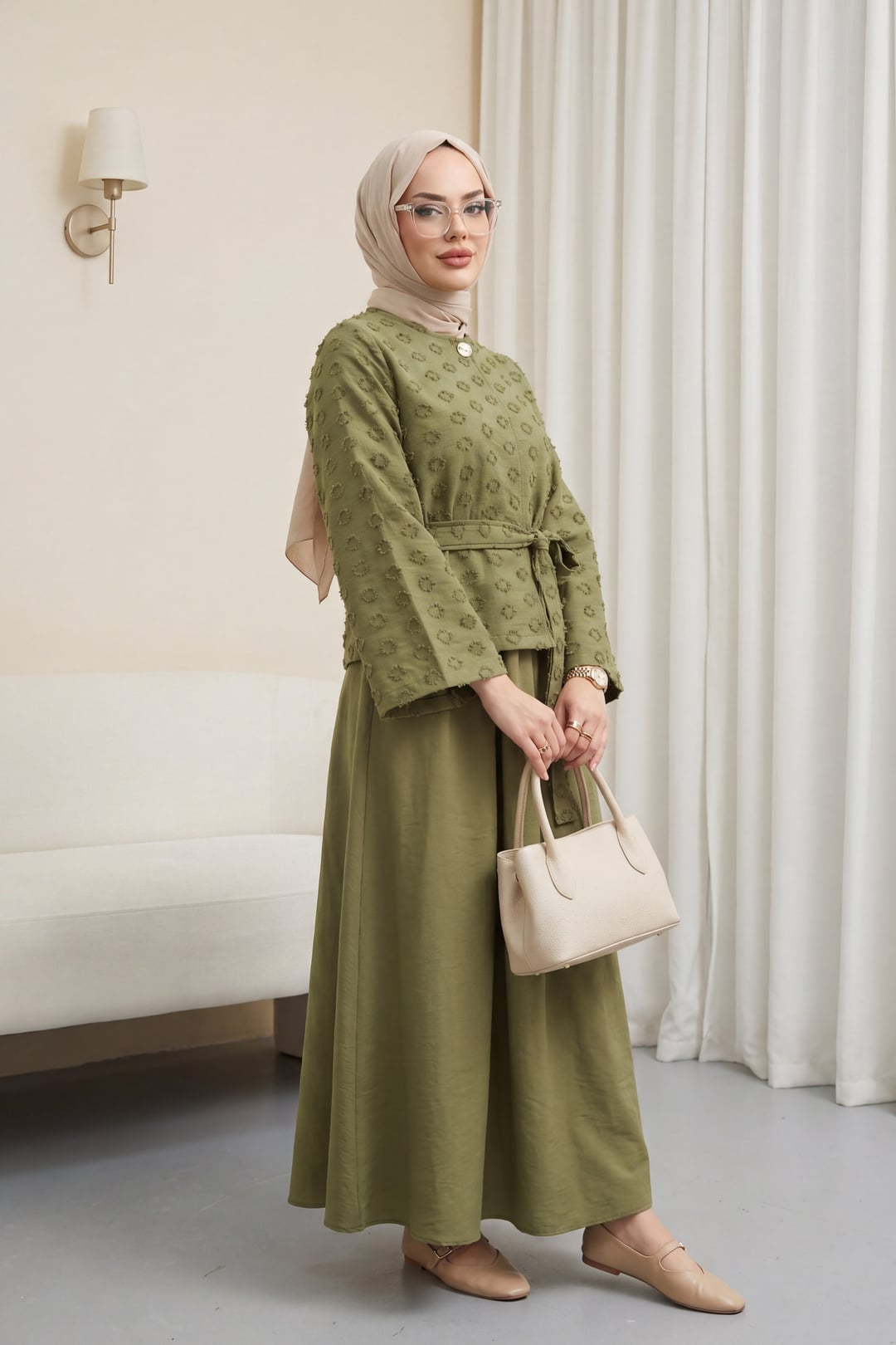 Olive Green Jacquard Modest Set with Belted Jacket and Maxi Skirt - Podyumplus - by Peralane - photo 4