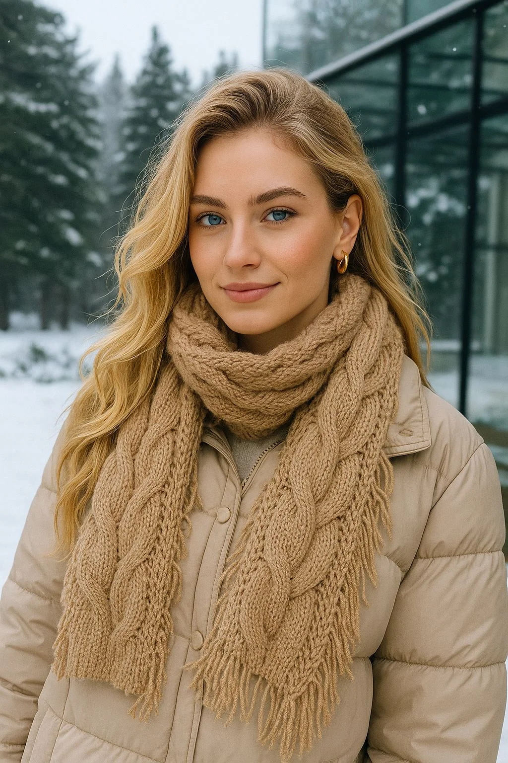 14810 Fringed Wide-Knit Camel Scarf 30x180 cm - Nesvay - by Peralane