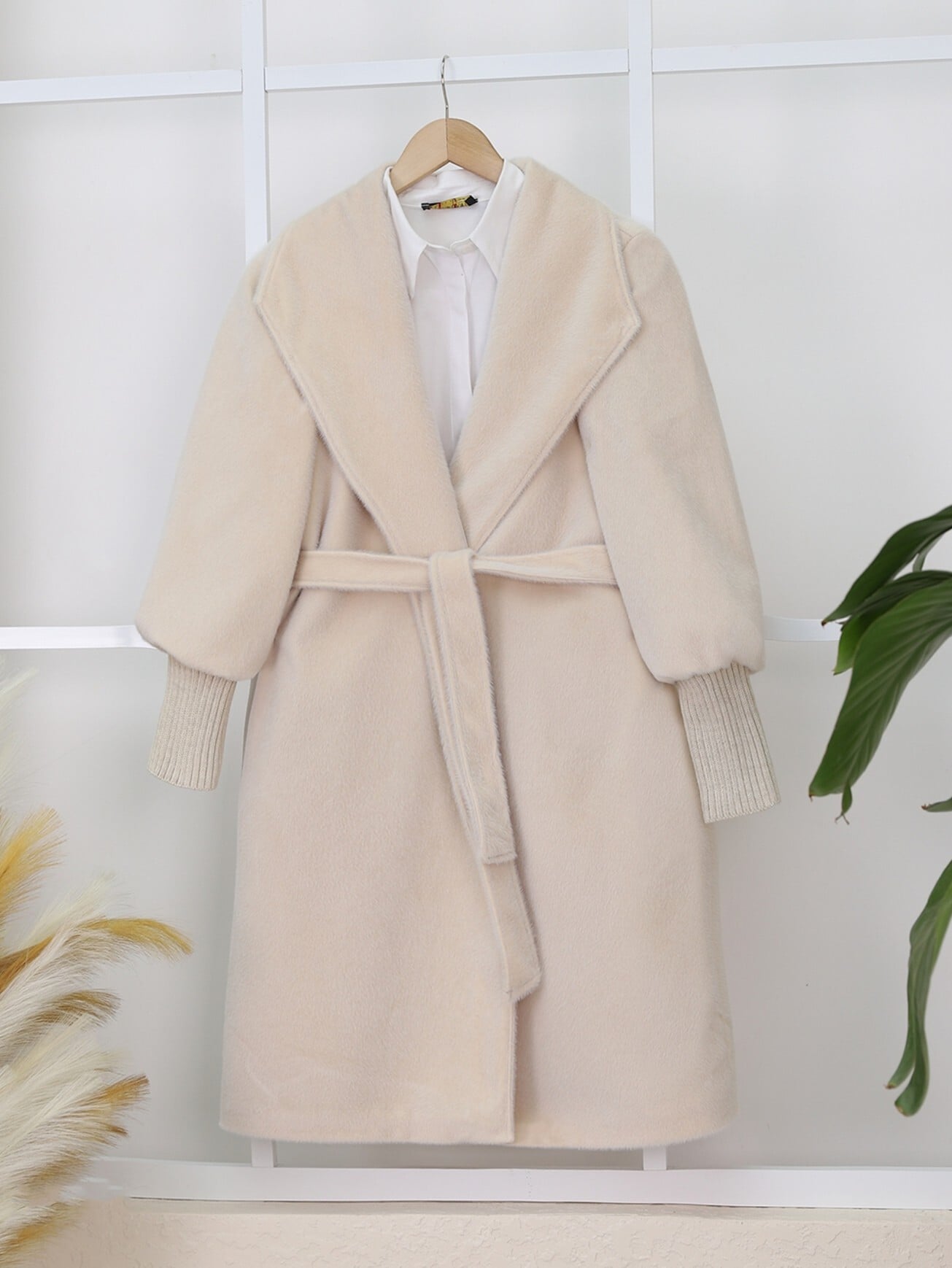 Women's Cream Shawl Collar Lined Faux Wool Coat with Ribbed Cuffs and Belt - Podyumplus - by Peralane