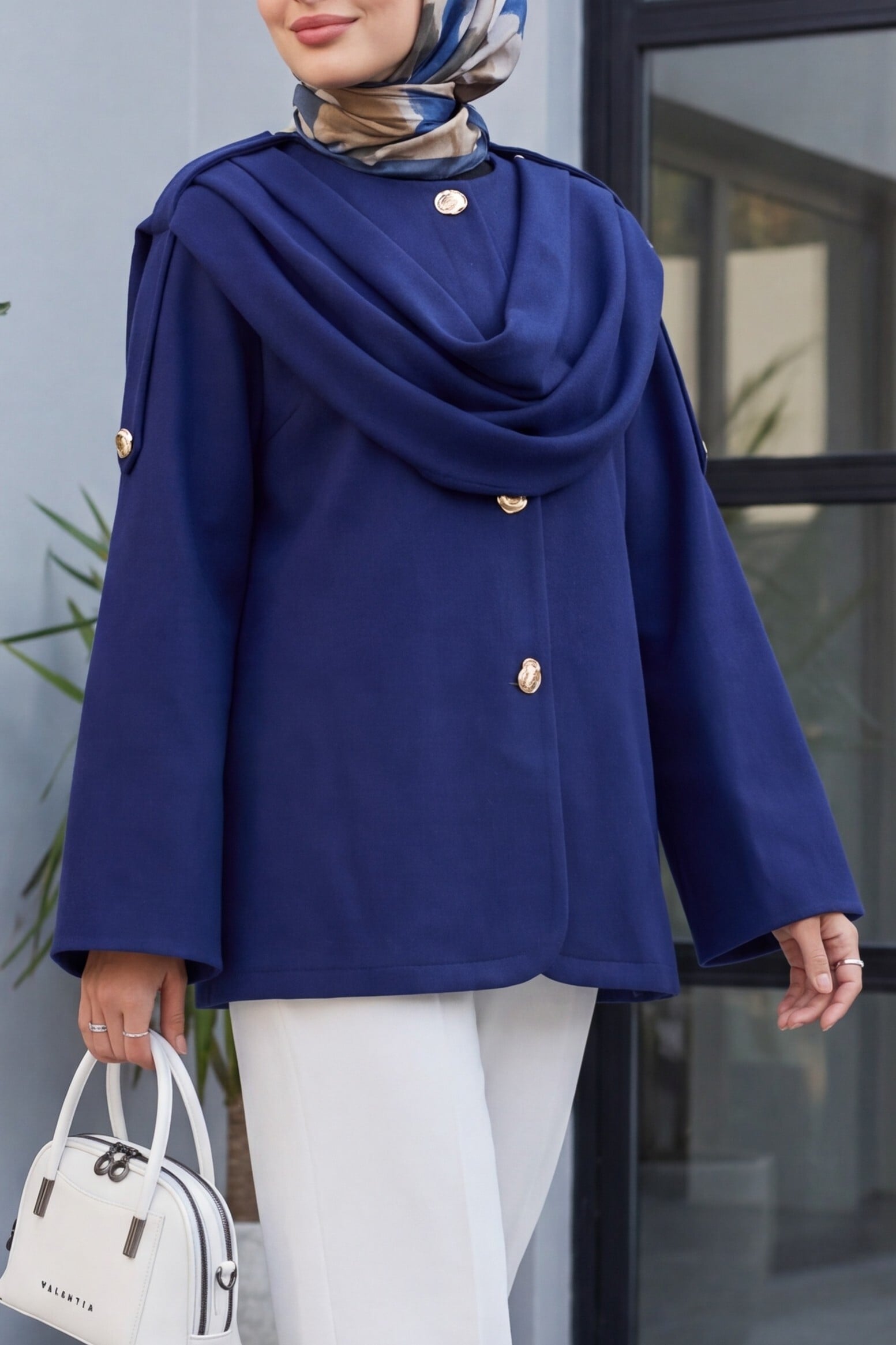 Cowl Neck Wrap Winter Felt Jacket - Navy - Podyumplus - by Peralane