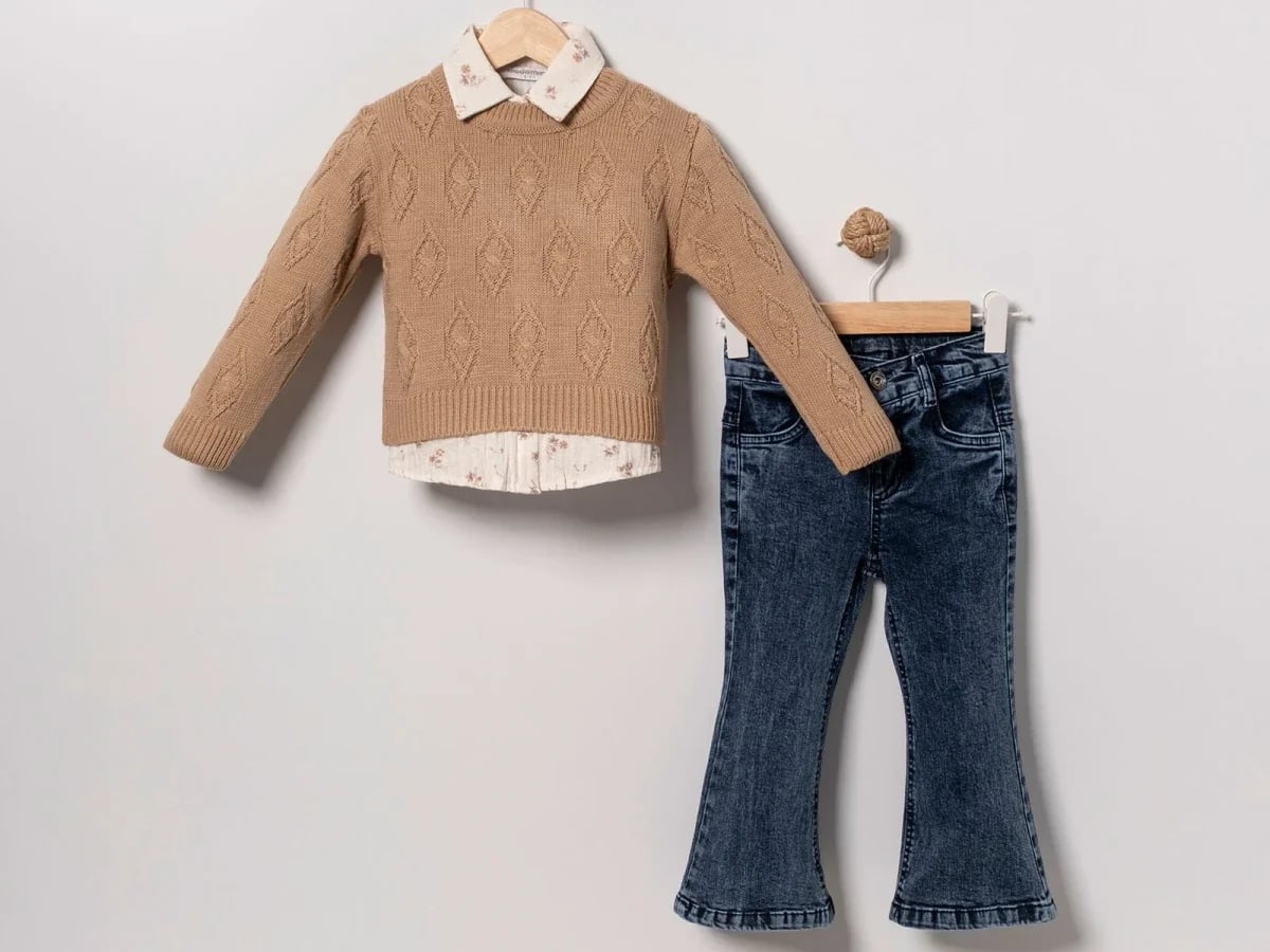 Girls' 3-Piece Knit Set with Flared Jeans - Eymus - by Peralane