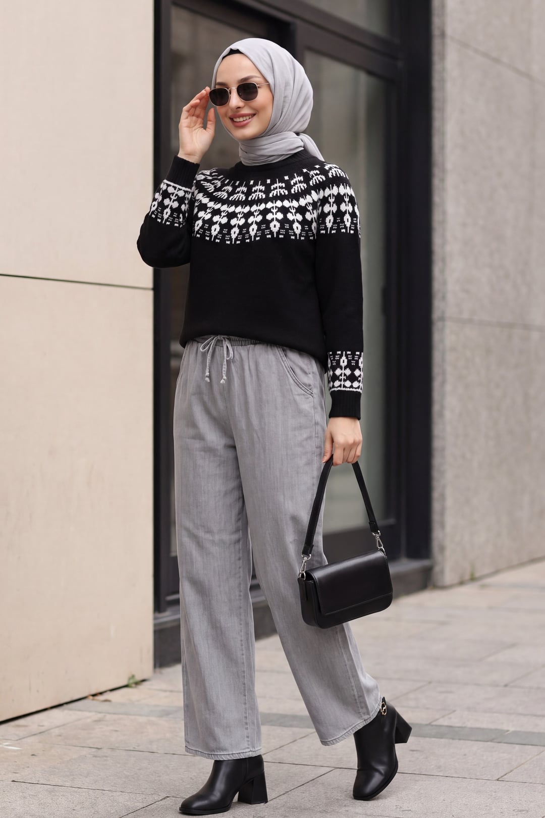 Half Collar Patterned Knit Tunic - Black - Podyumplus - by Peralane - photo 3