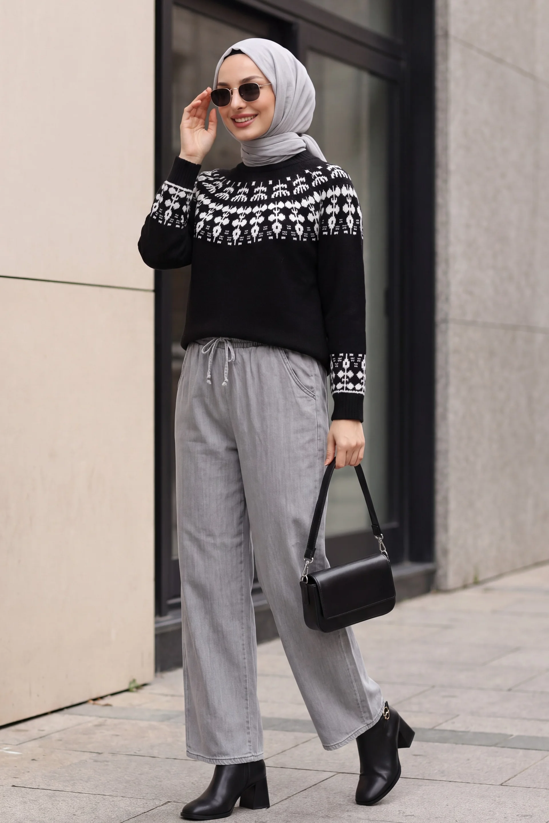 Half Collar Patterned Knit Tunic - Black - Podyumplus - by Peralane - photo 3