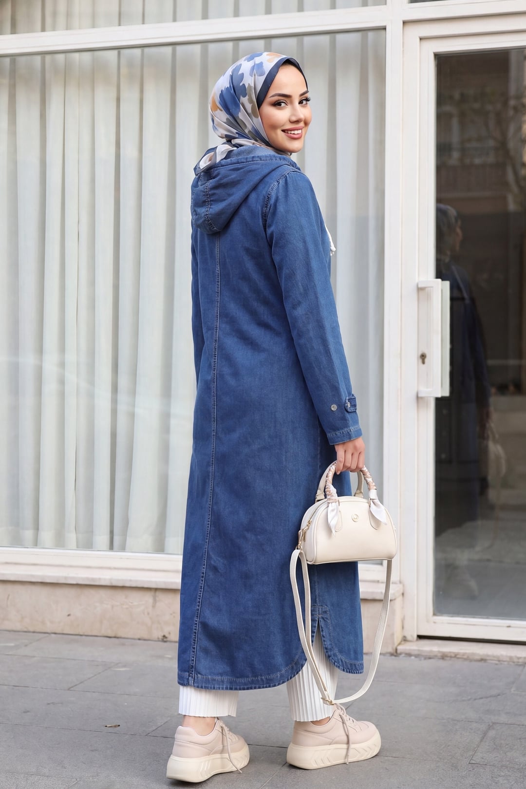 Women's Hooded Denim Trench Coat with Buttoned Pockets - Indigo - Podyumplus - by Peralane - photo 4