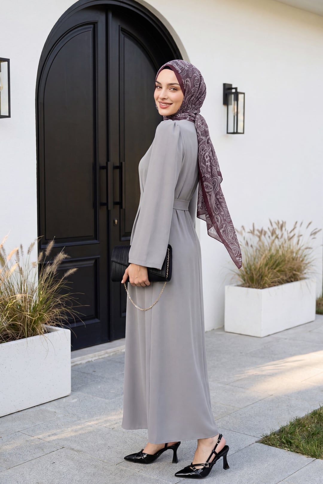 Mandarin Collar Belted Dress - Grey - Podyumplus - by Peralane - photo 2