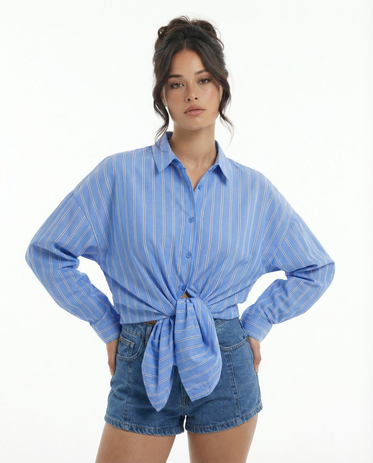 Women's Striped Button-Up Blouse with Sleeveless Denim Shorts Set - Fame - by Peralane - photo 5
