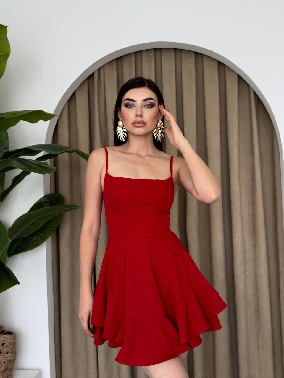 Red Sleeveless Tiered Ruffle Dress with Spaghetti Straps - Etika - by Peralane - photo 3