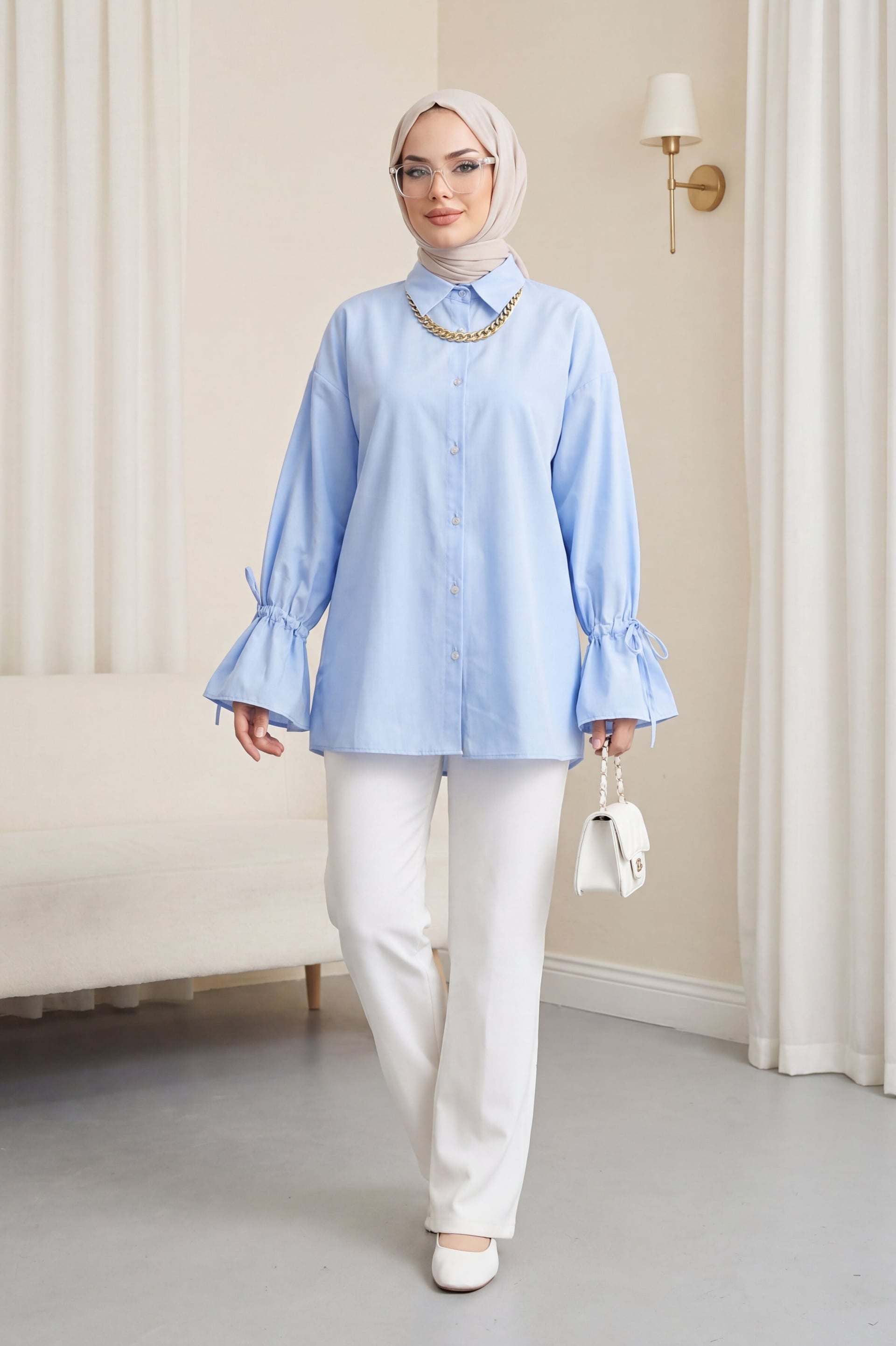 Bows Sleeve Pleated Back Blouse - Baby Blue - Podyumplus - by Peralane - photo 3