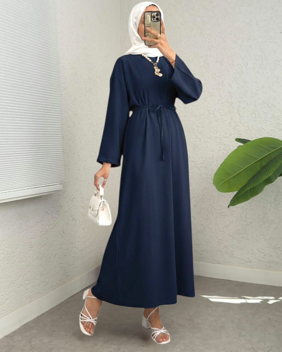 Navy Drawstring Waist Dress with Back Zipper - Podyumplus - by Peralane - photo 3