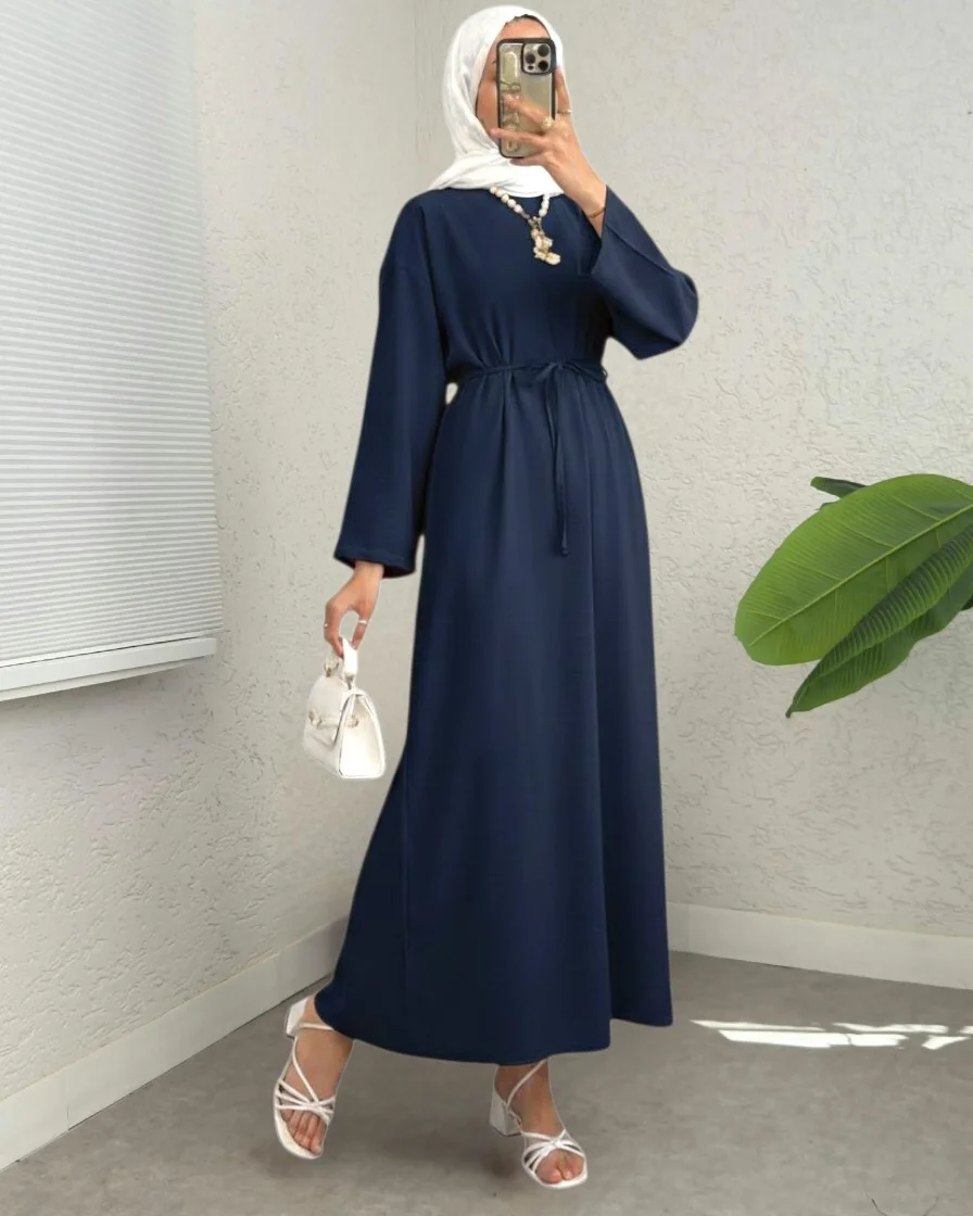 Navy Drawstring Waist Dress with Back Zipper - Podyumplus - by Peralane - photo 3
