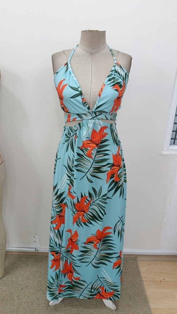 Women's Halter Neck V-Neck Slit Maxi Dress with Tropical Print - Janes - by Peralane - photo 6