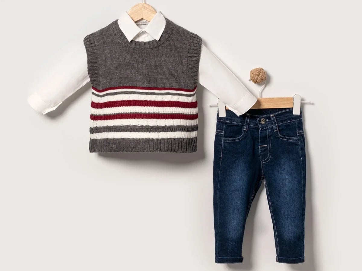 Boys 3-Piece Set with Striped Vest, Shirt and Denim Jeans - Eymus - by Peralane