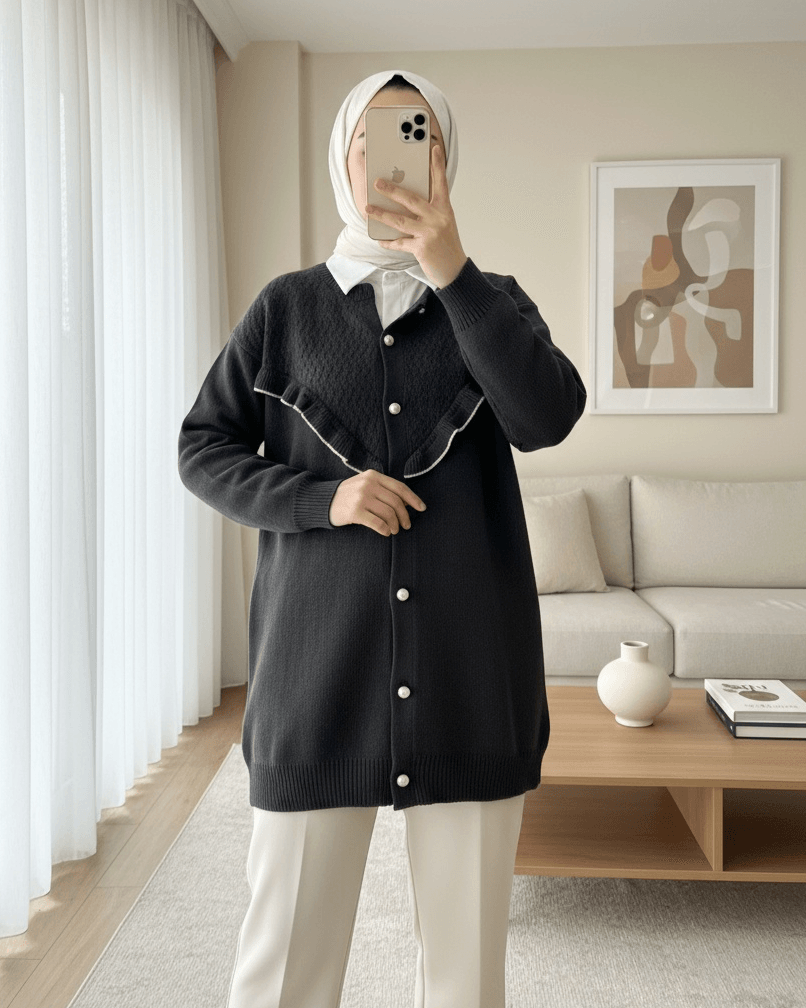 Women's Black Knit Cardigan with Pearl Buttons and Ruffled Front - Podyumplus - by Peralane - photo 2