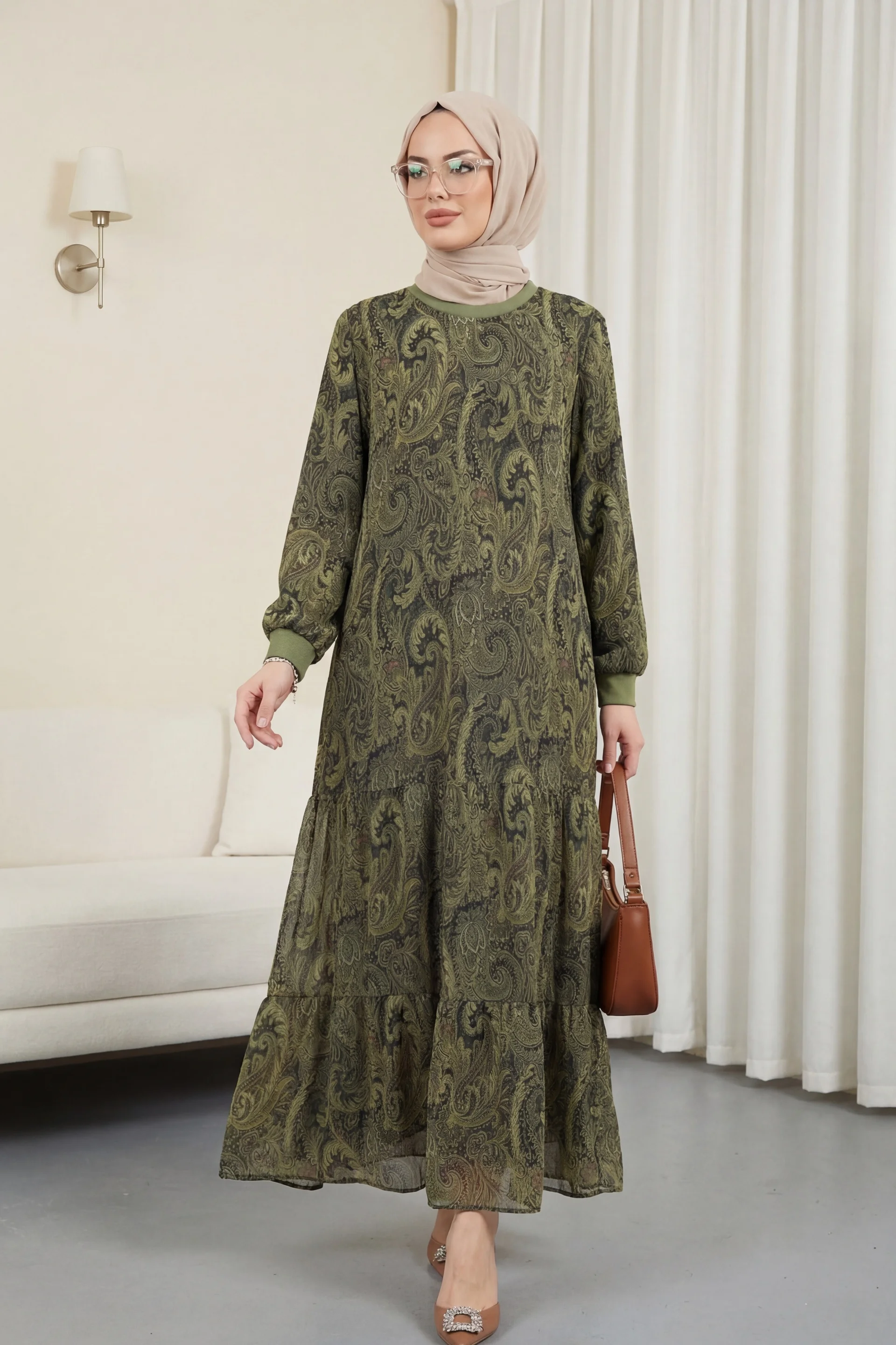 Ethnic Print Layered Chiffon Dress - Olive Green - Podyumplus - by Peralane
