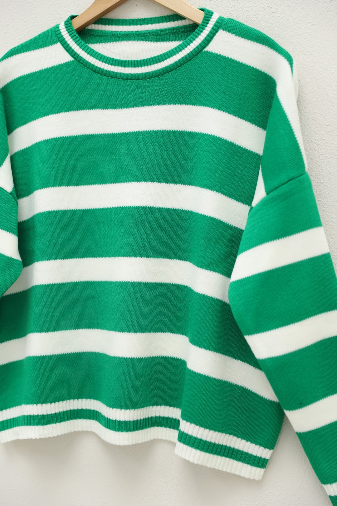 Green Striped Knit Sweater with Crew Neck - Podyumplus - by Peralane - photo 2