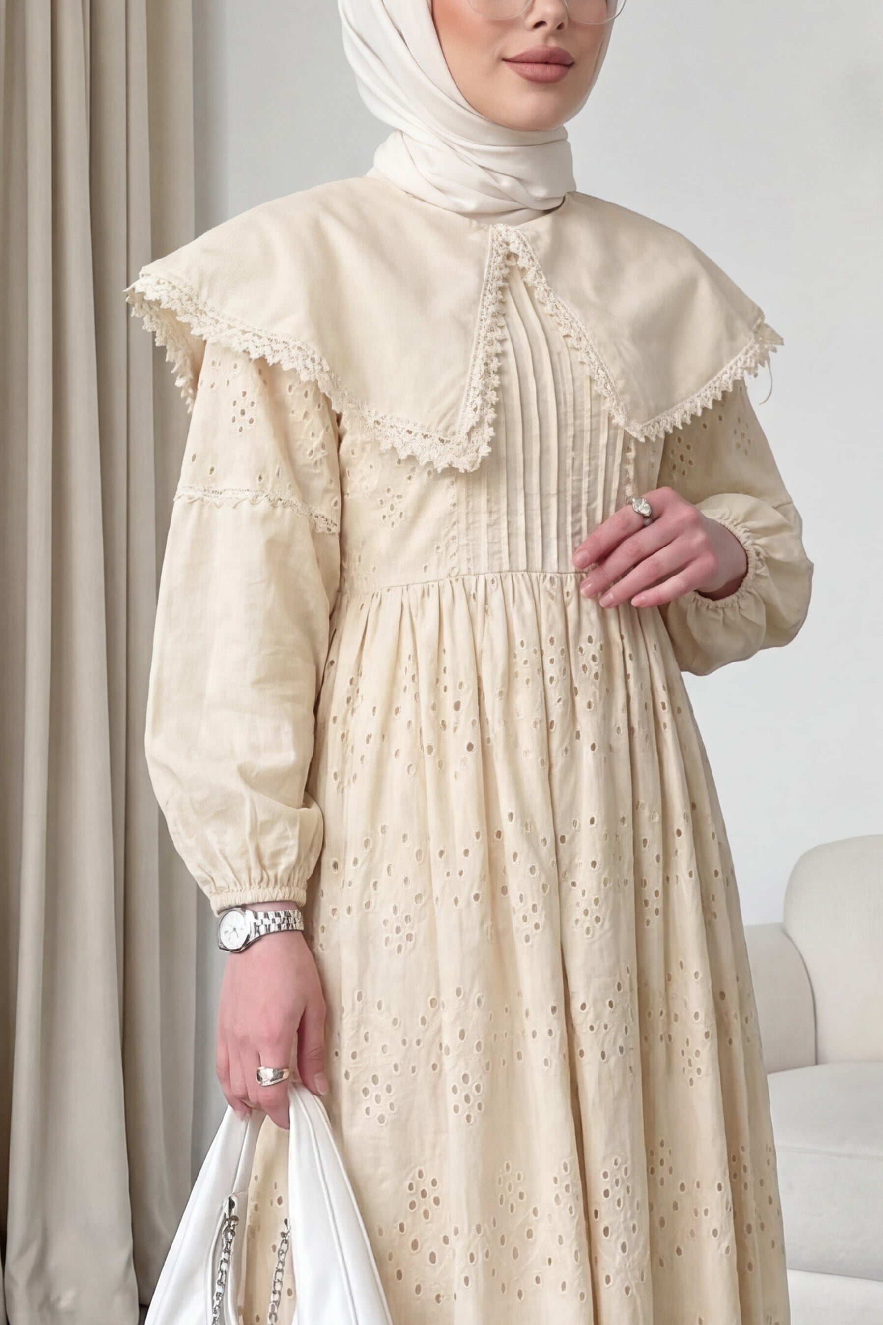 Beige Cape Collar Lace Detail Dress - Podyumplus - by Peralane - photo 5