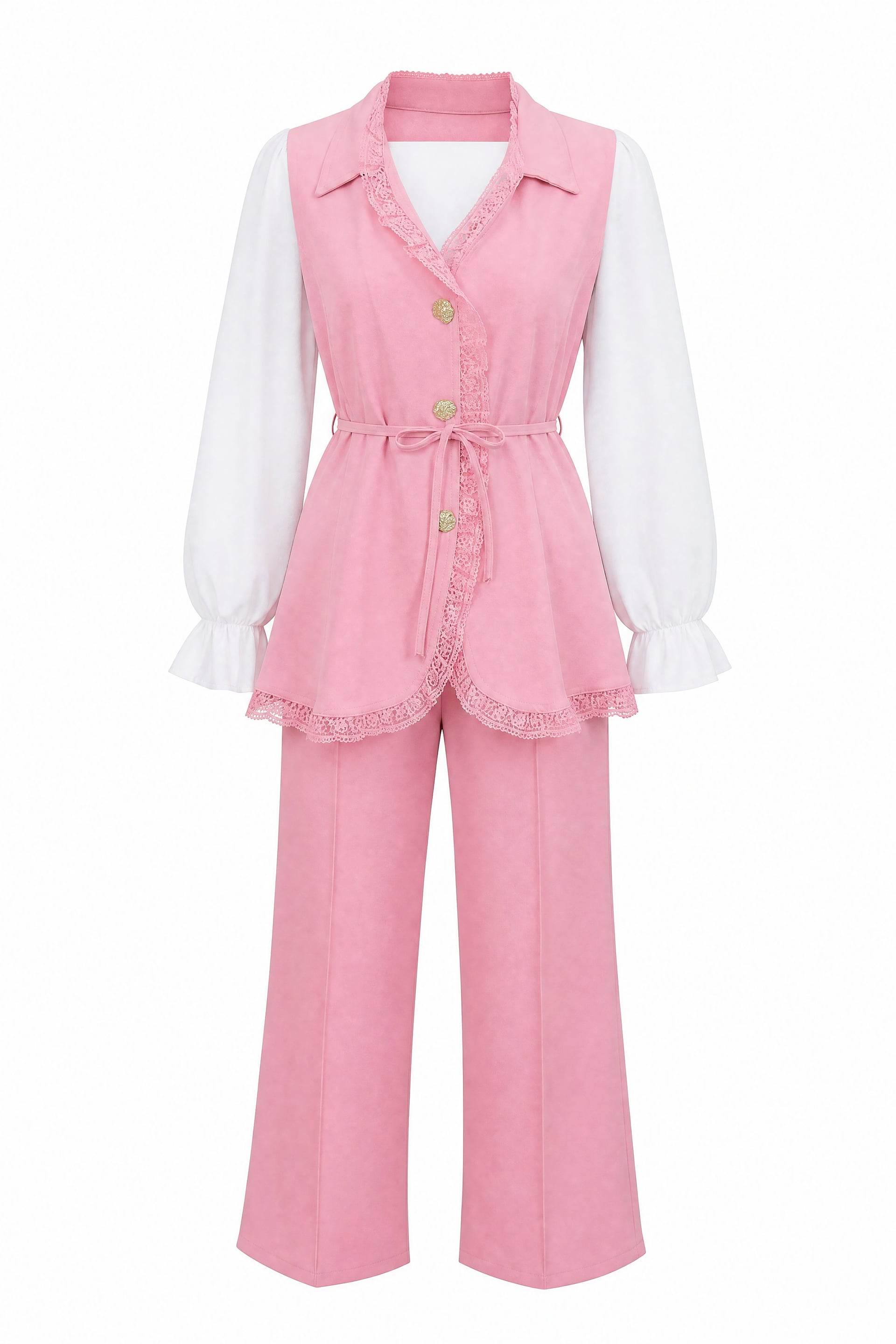 Lace Trim Belted Vest and Trousers Co-ord Set in Pink - Podyumplus - by Peralane - photo 4