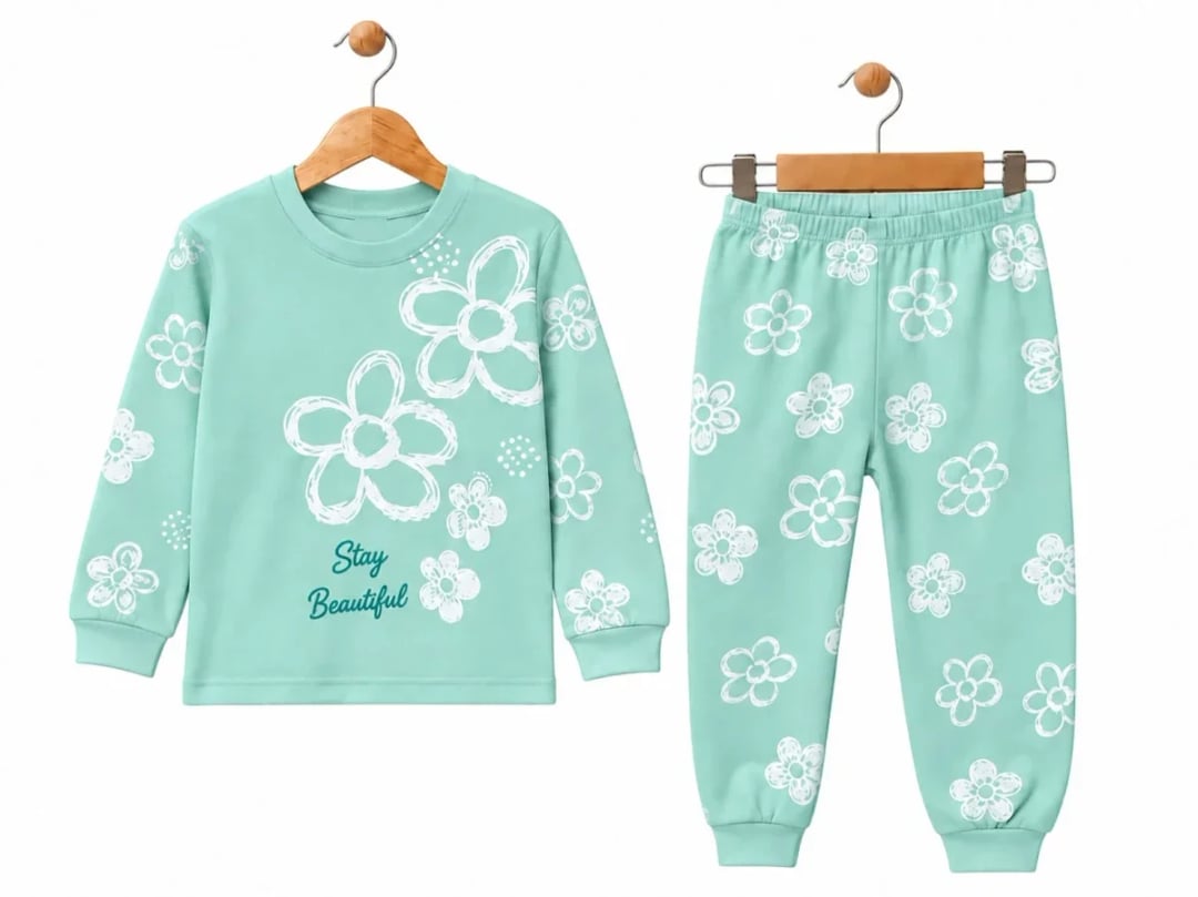 Girl's Floral Print Pyjama Set - Mint Green - Supermini - by Peralane