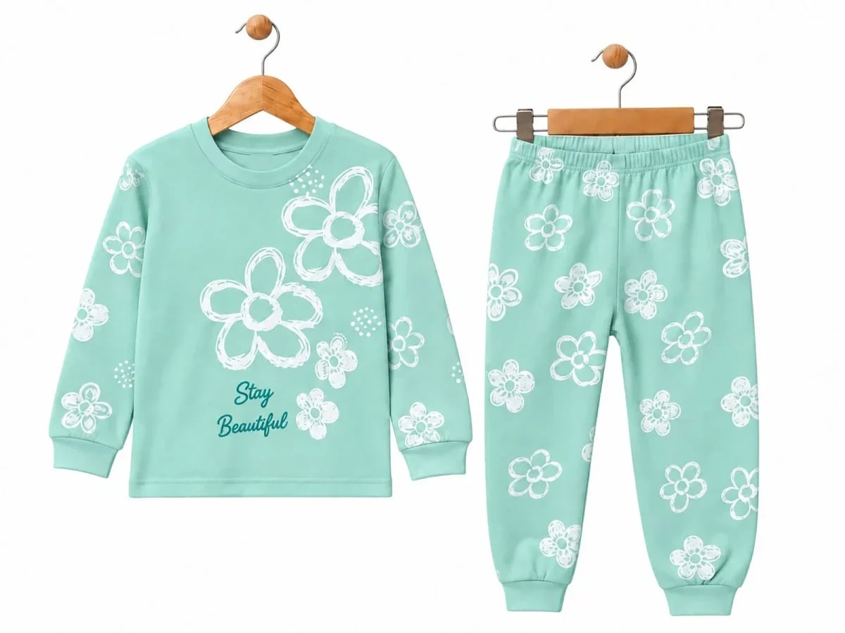Girl's Floral Print Pyjama Set - Mint Green - Supermini - by Peralane