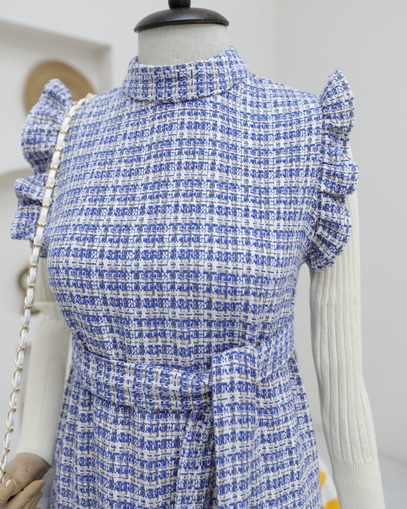 Women's Sleeveless Plaid Tweed Midi Dress with Belt and Ruffled Straps - Podyumplus - by Peralane - photo 6