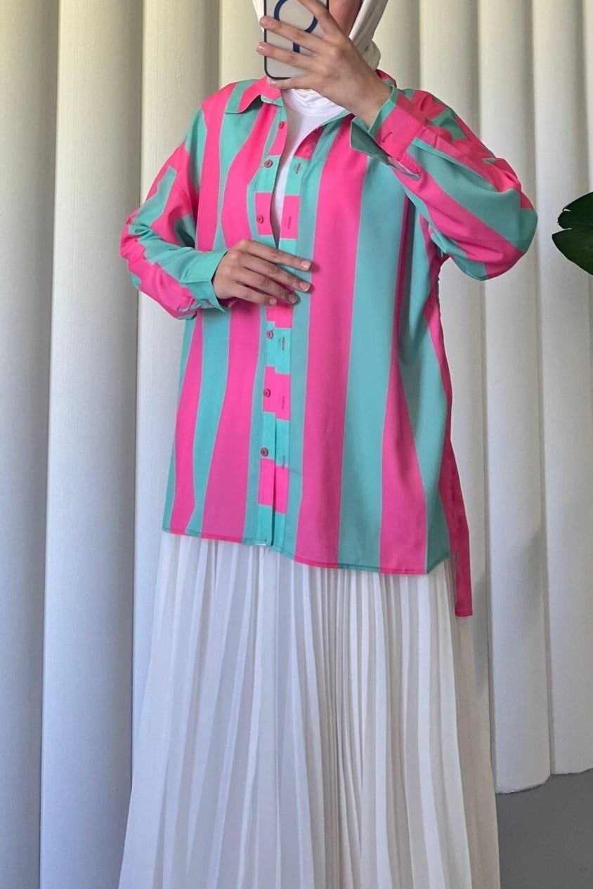 Bold Stripe Button-Up Blouse - Mint Green - Podyumplus - by Peralane