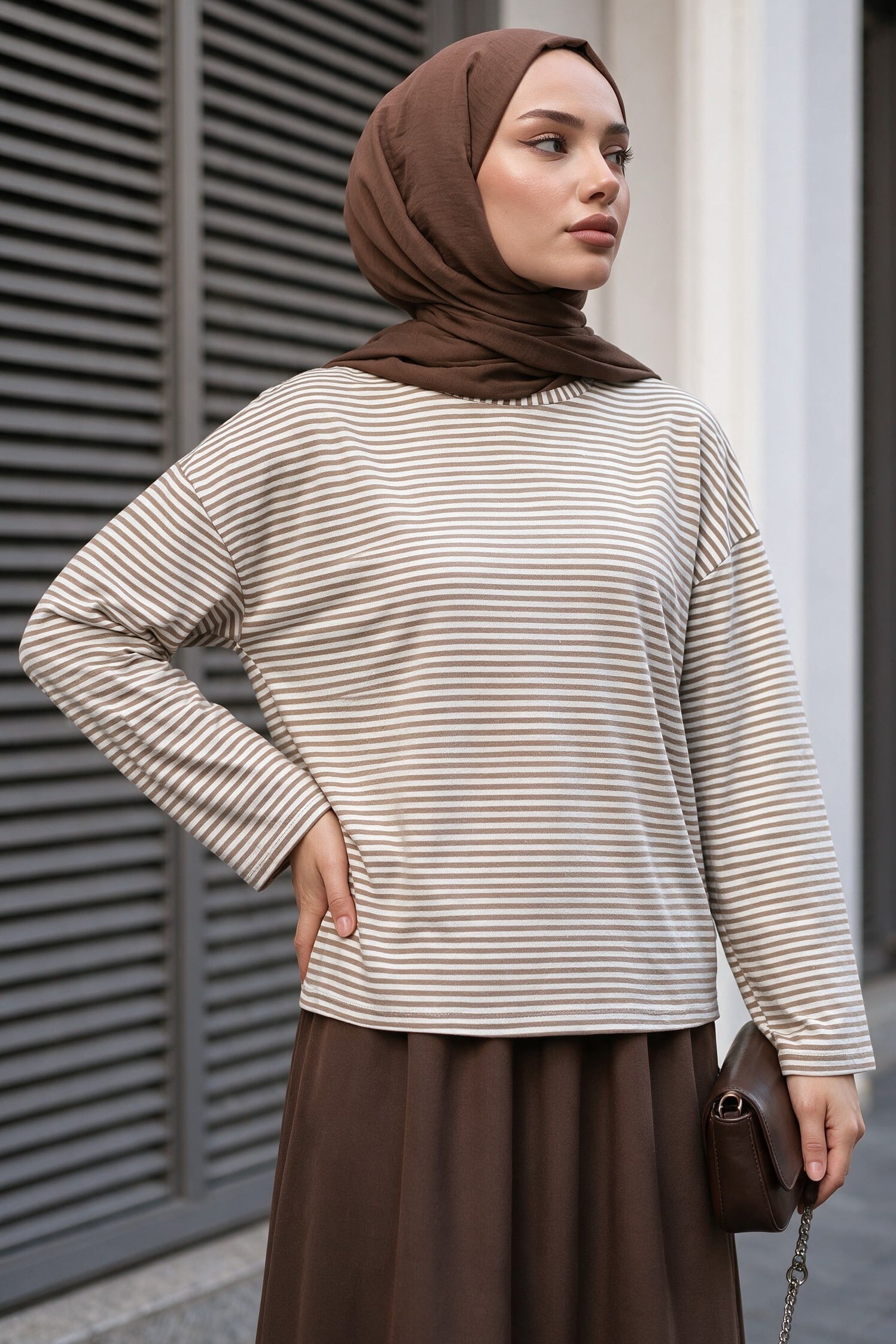 Crew Neck Striped Viscose Sweatshirt - Light Brown - Podyumplus - by Peralane