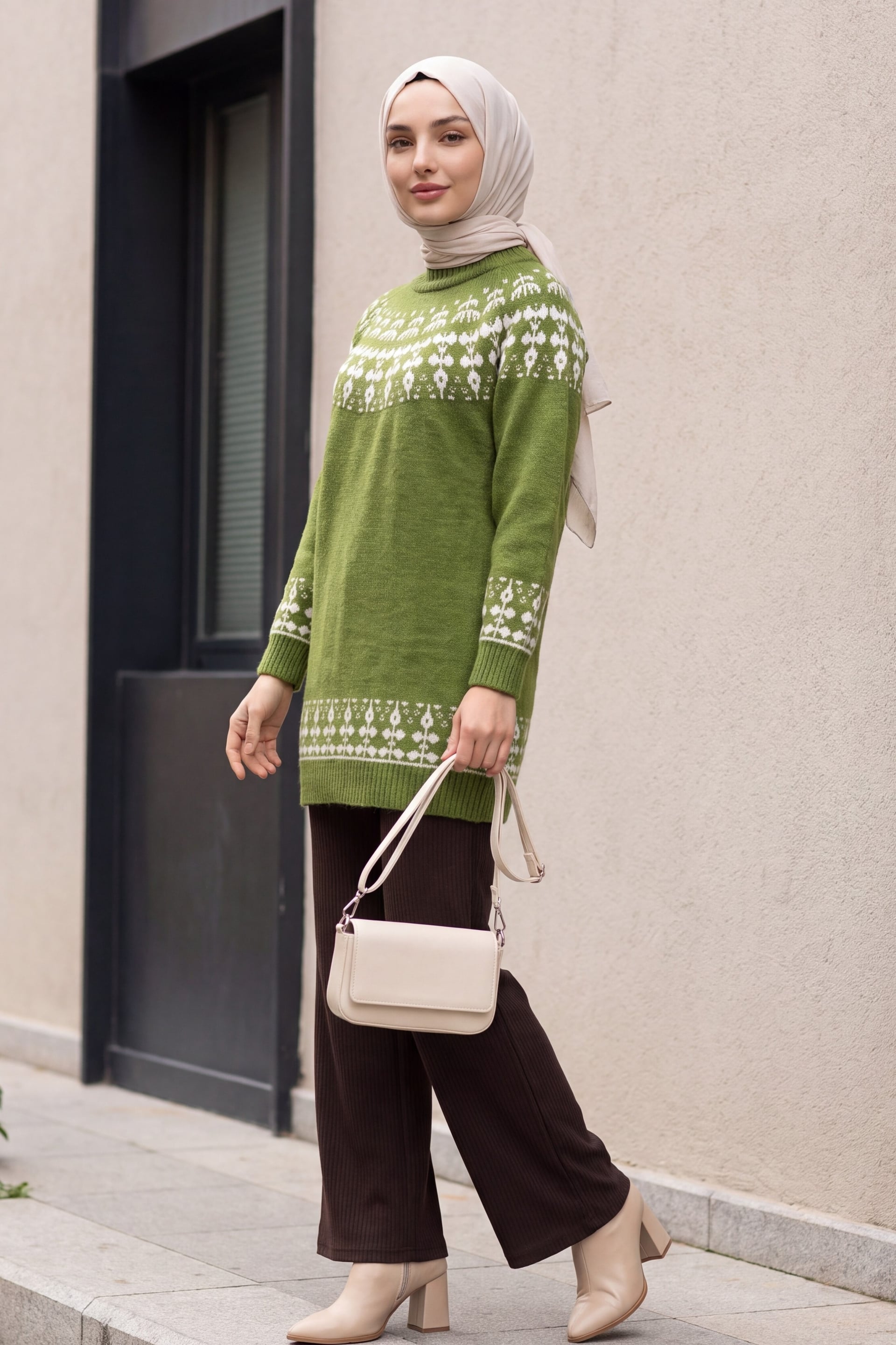 Half-Collar Patterned Knit Tunic Sweater - Khaki - Podyumplus - by Peralane - photo 3