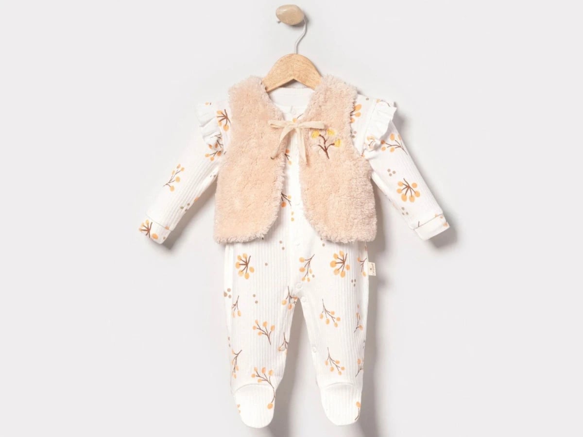 Floral Footed Romper with Faux Fur Vest for Baby Girls - Cayzen - by Peralane
