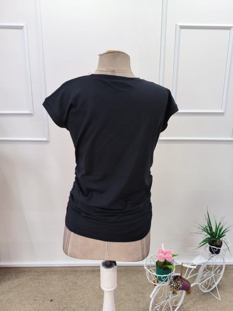 Women's Black Short Sleeve Crew Neck Ruched Side Blouse - Janes - by Peralane - photo 7
