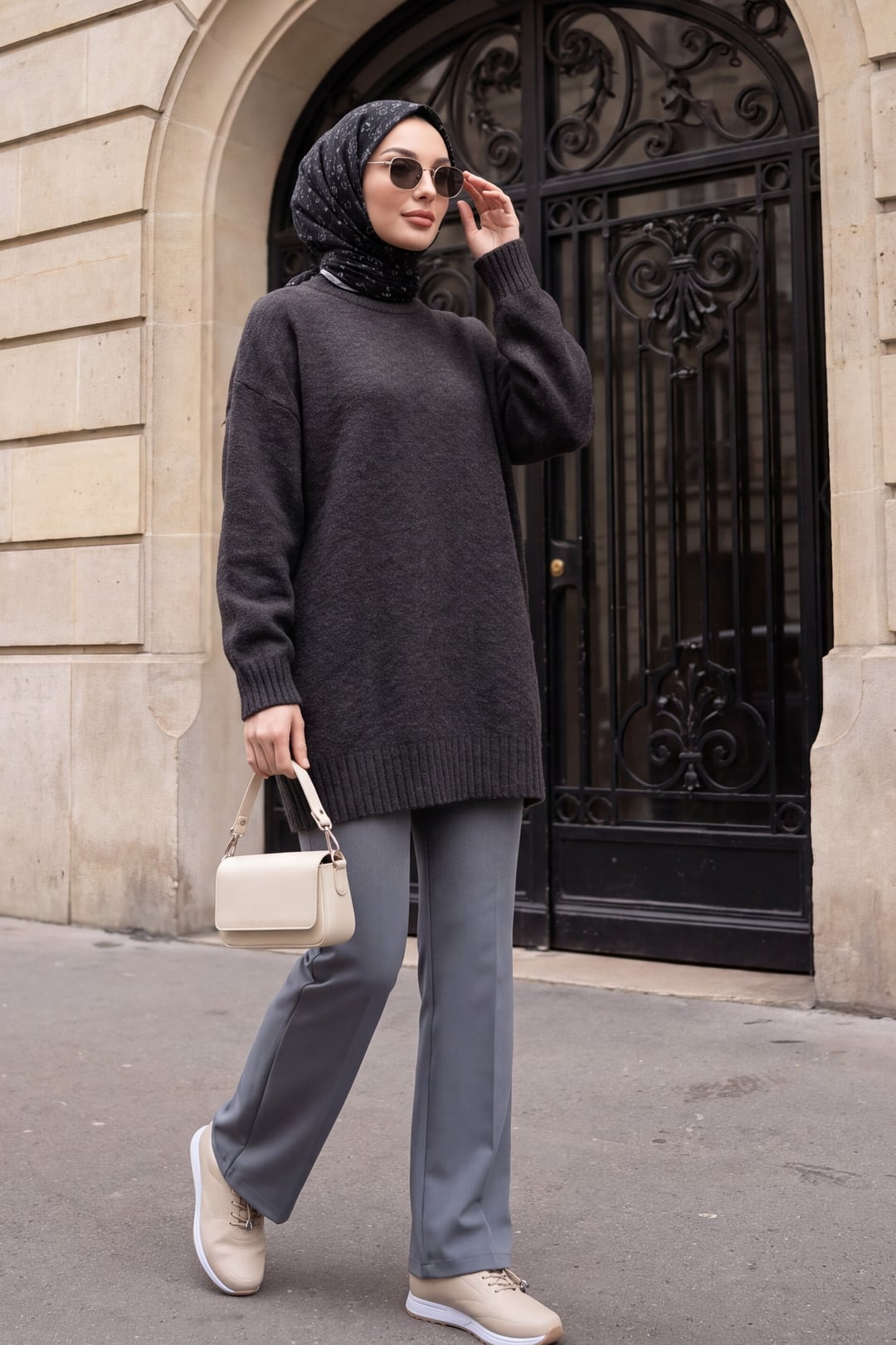Round Neck Ribbed Hem Slouchy Knit Tunic - Anthracite - Podyumplus - by Peralane - photo 5