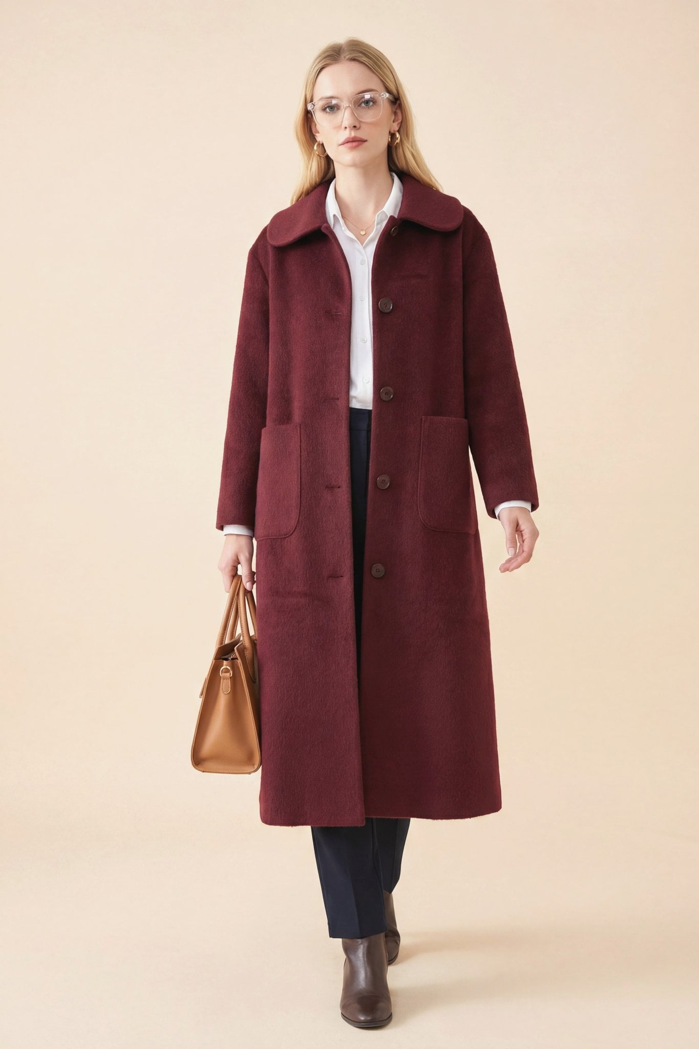 Long Single-Breasted Button Coat - Burgundy - Podyumplus - by Peralane - photo 6