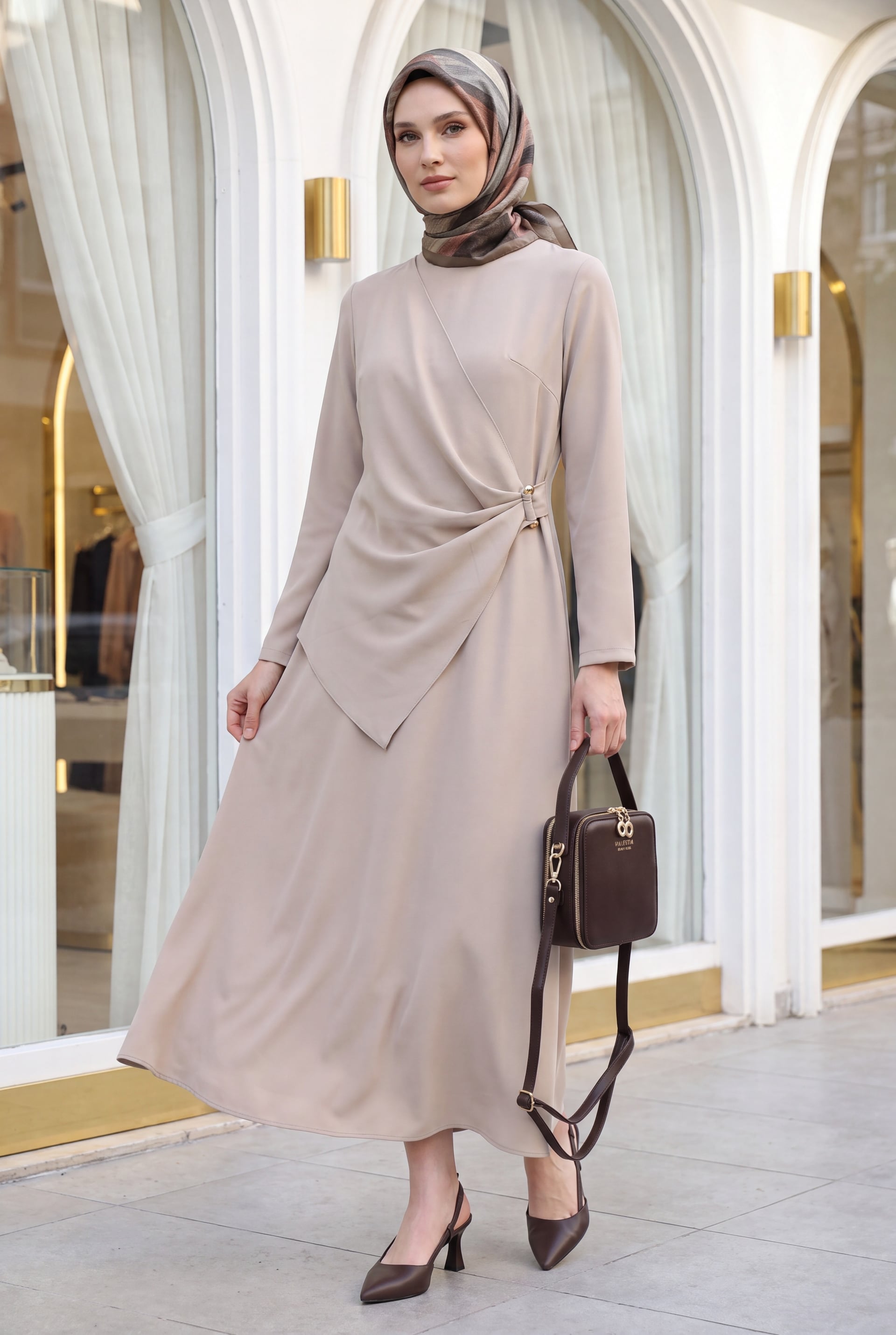 Women's Faux Wrap Buttoned Round Neck Crepe Dress - Stone Color - Podyumplus - by Peralane - photo 5