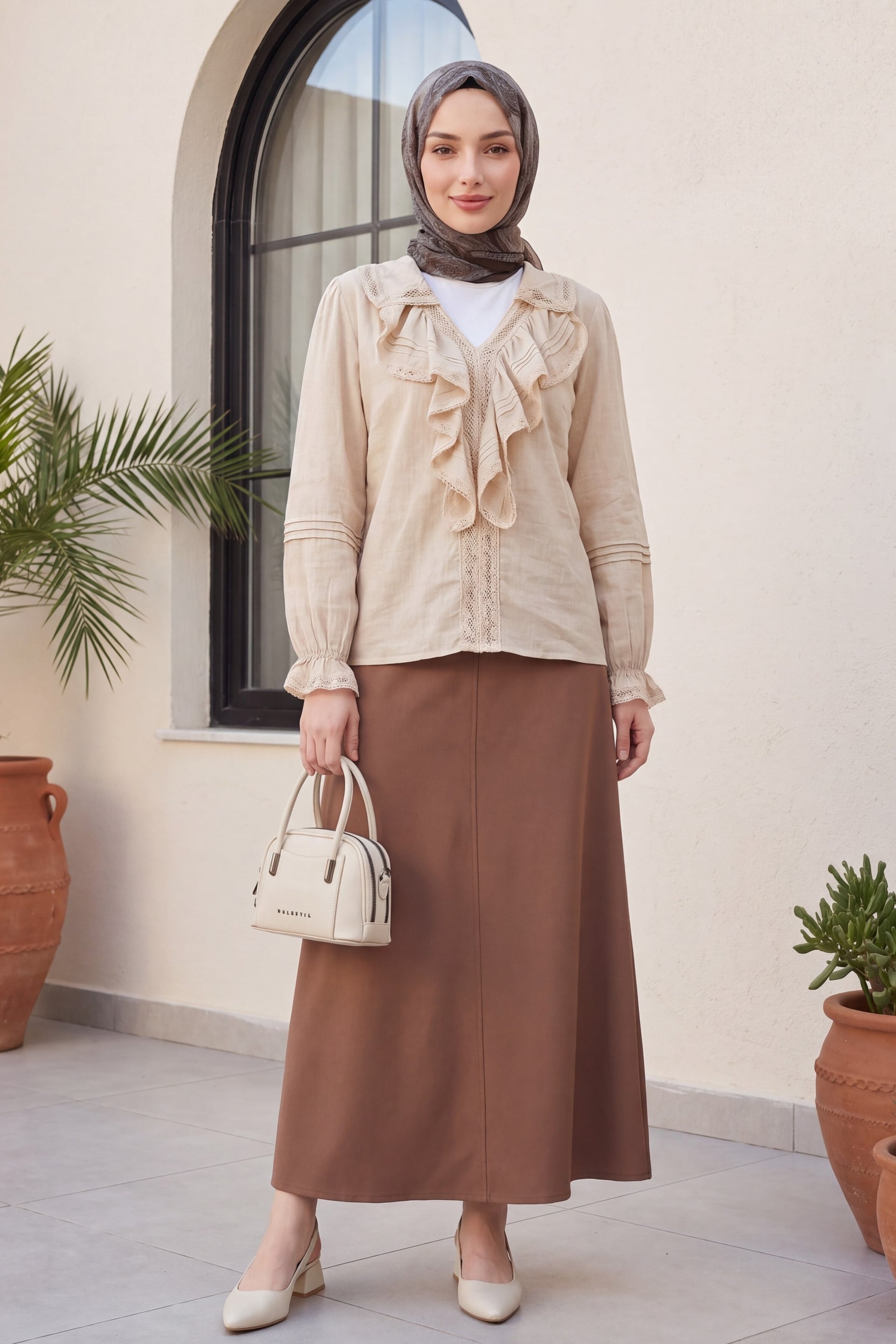 Beige Ruffled V-Neck Blouse - Podyumplus - by Peralane - photo 2