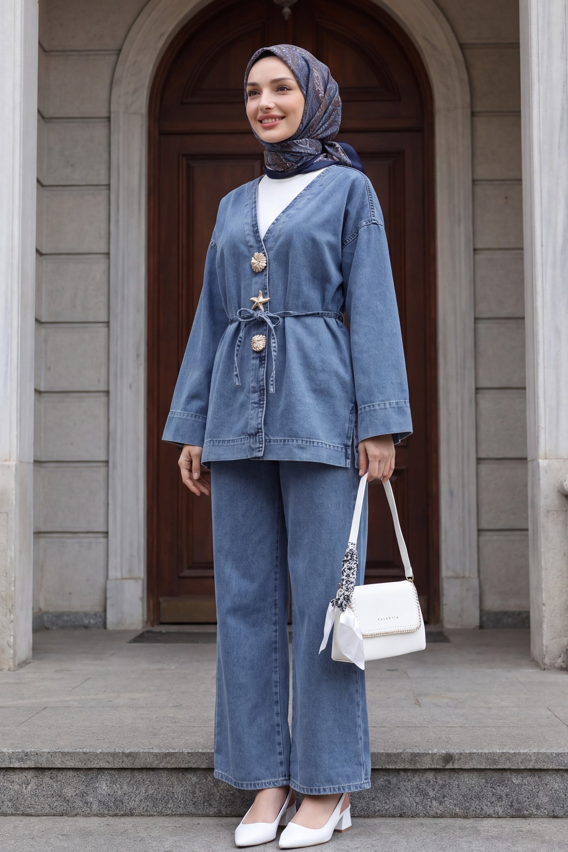 Laced Denim Kimono Set with Elastic Waist Wide-Leg Trousers - Ice Blue - Podyumplus - by Peralane - photo 3