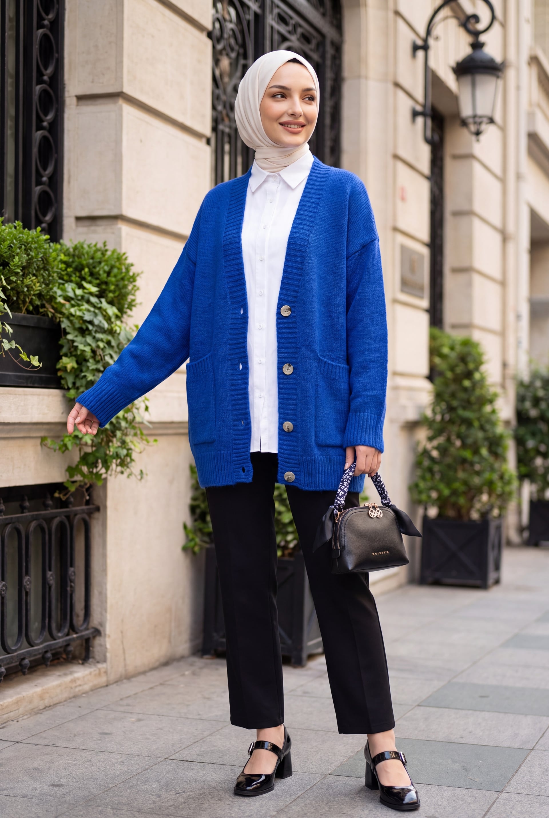Buttoned Double-Pocket Slouchy Knit Cardigan - Saks Blue - Podyumplus - by Peralane - photo 4