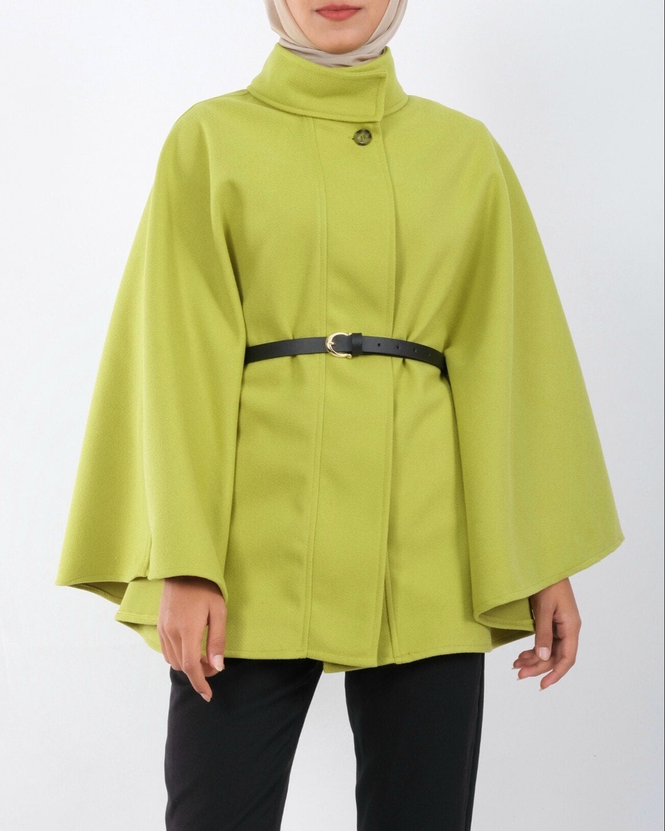 Single Button Belted Poncho - Oil Green - Podyumplus - by Peralane - photo 4