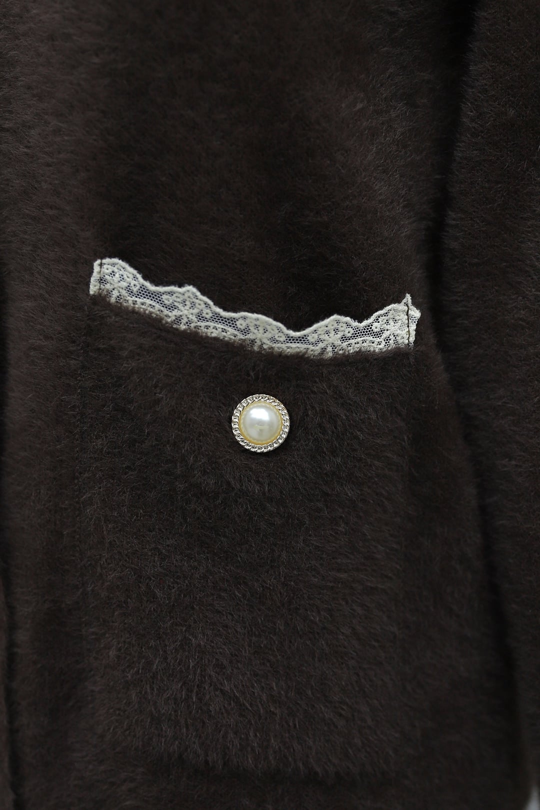 Lace-Trimmed Double-Pocket Pearl-Button Cardigan - Dark Brown - Podyumplus - by Peralane - photo 8