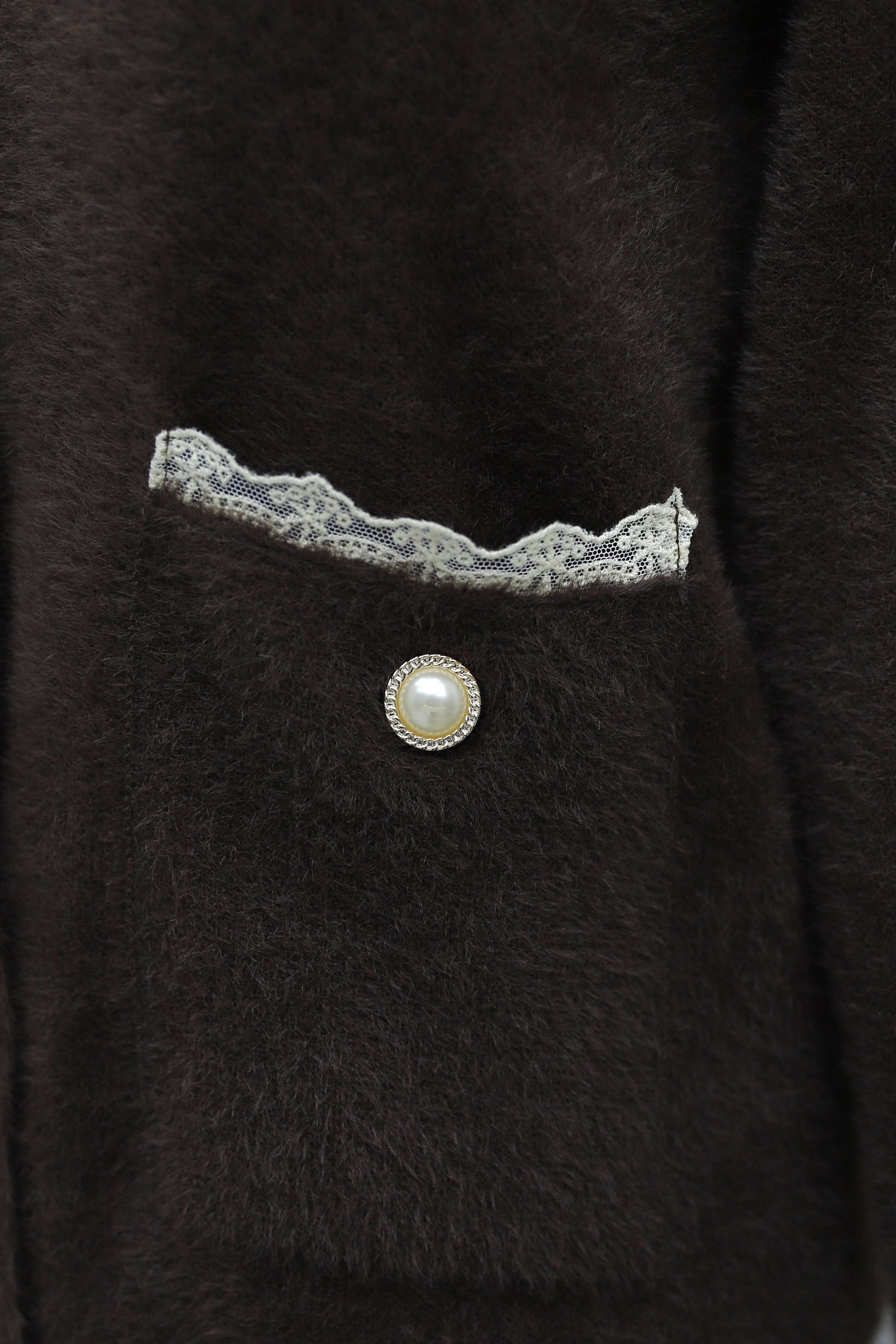 Lace-Trimmed Double-Pocket Pearl-Button Cardigan - Dark Brown - Podyumplus - by Peralane - photo 8