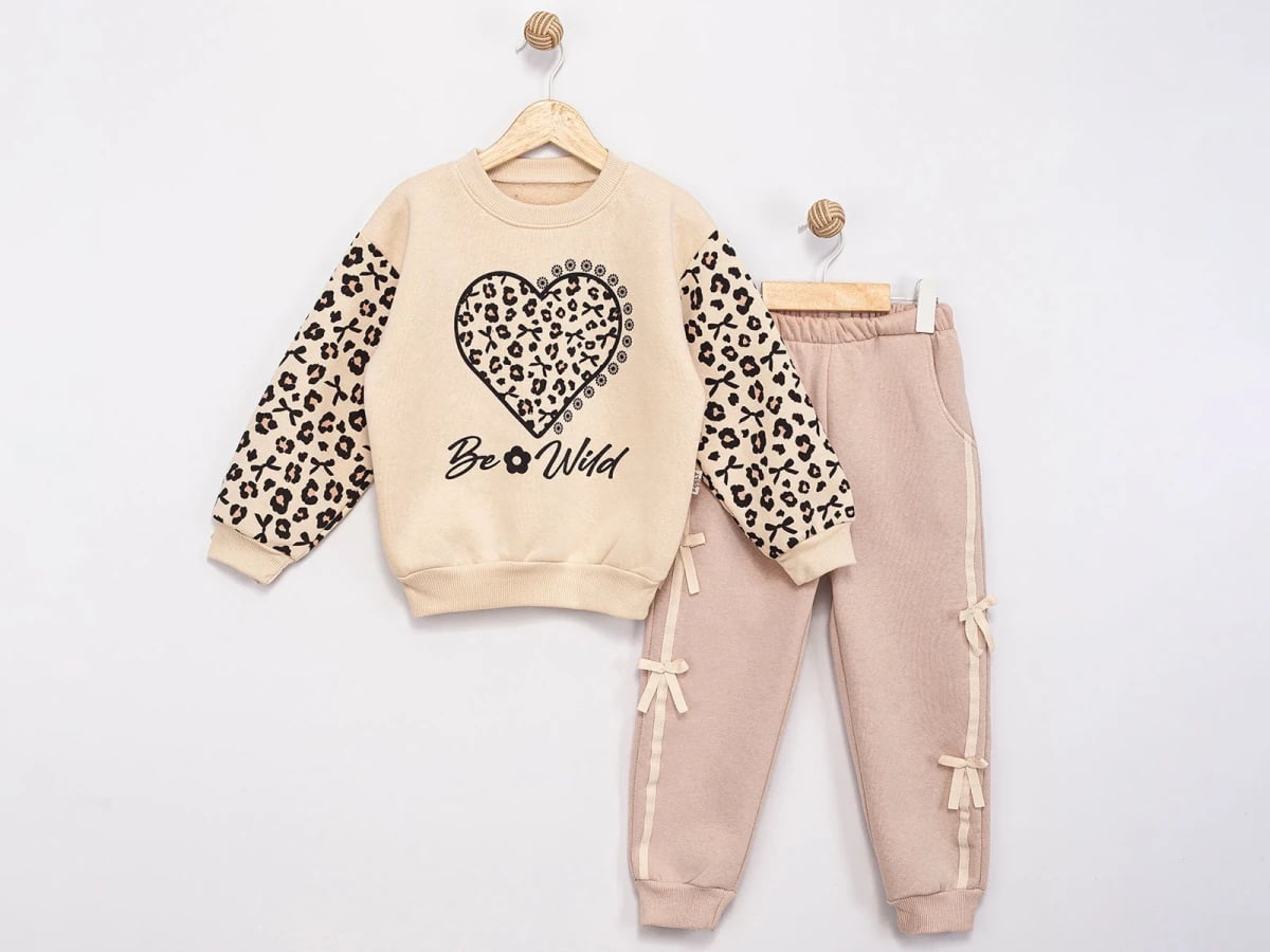 Girl's Leopard Print Sweatshirt and Pants Set with Bow Details - Feely Kids - by Peralane