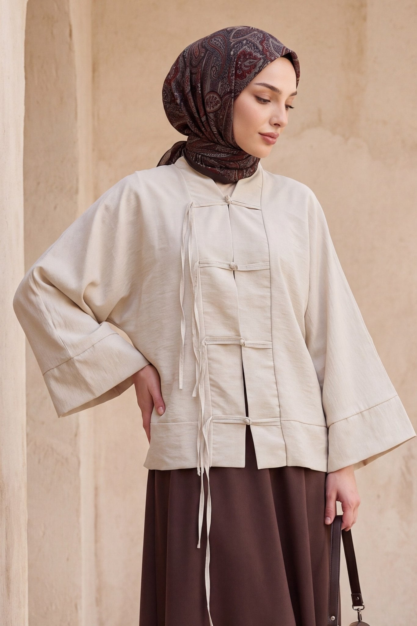 Chinese Knot Closure Mandarin Collar Parachute Kimono - Stone - Podyumplus - by Peralane - photo 2
