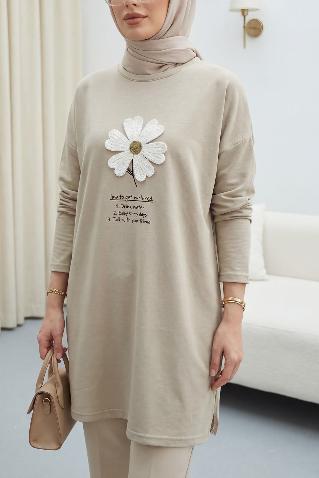 Crew Neck Floral Embroidered Jersey Tunic - Beige - Podyumplus - by Peralane - photo 3