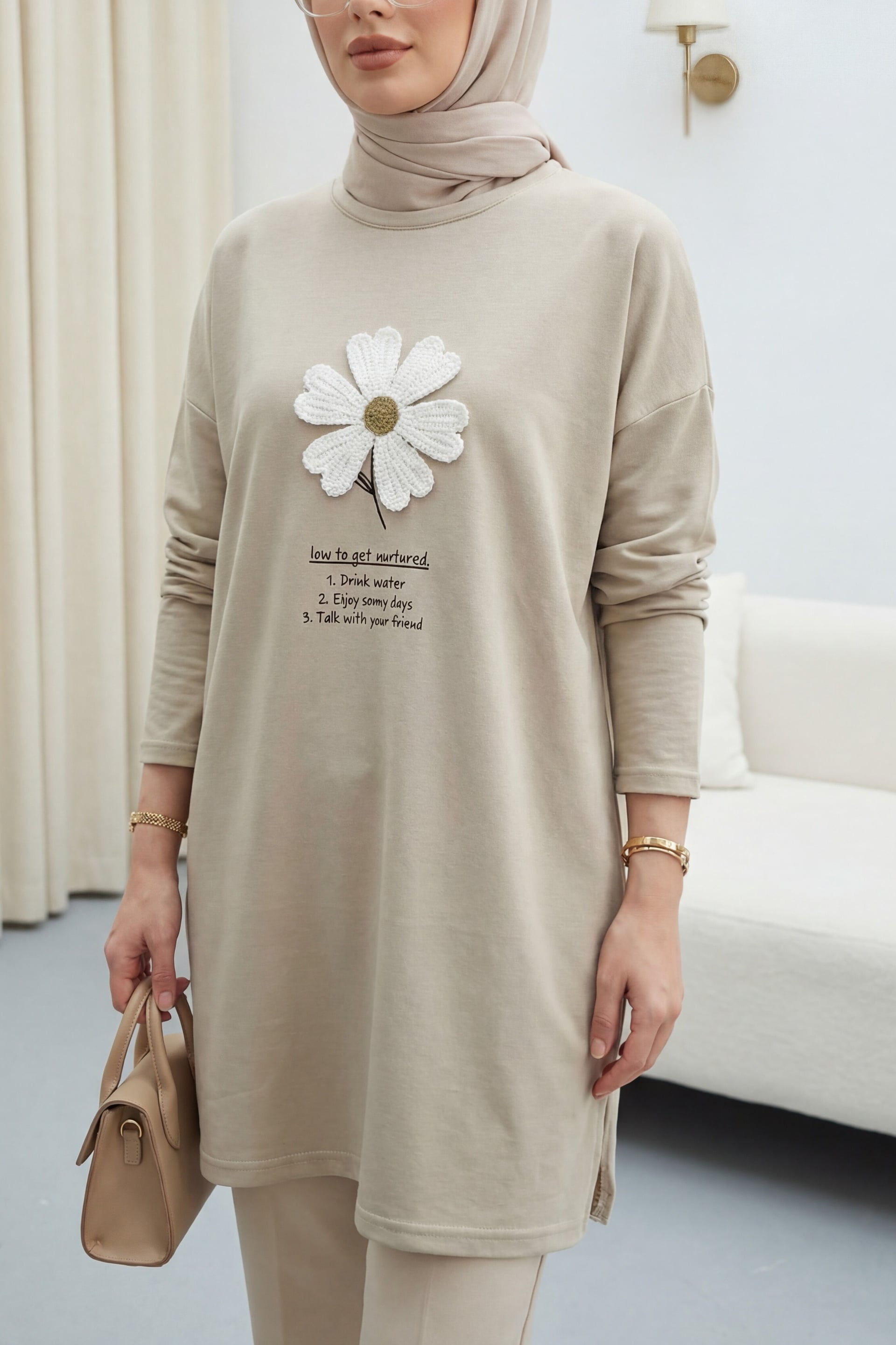 Crew Neck Floral Embroidered Jersey Tunic - Beige - Podyumplus - by Peralane - photo 3